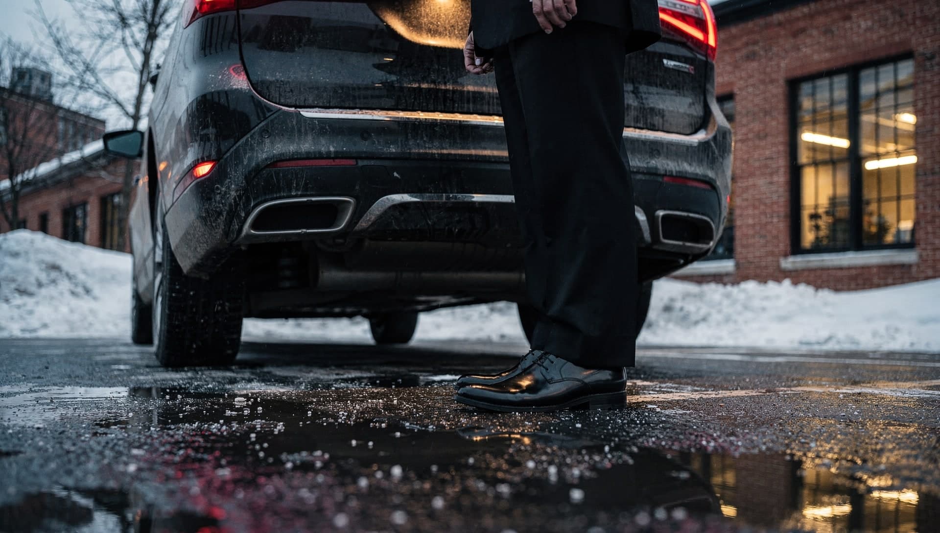 Seen from ground level, a chauffeur in a black suit stands at the rear of a black SUV on wet, salted pavement, only his legs and one polished shoe in frame, with plowed snow and a lit brick mill building behind him.