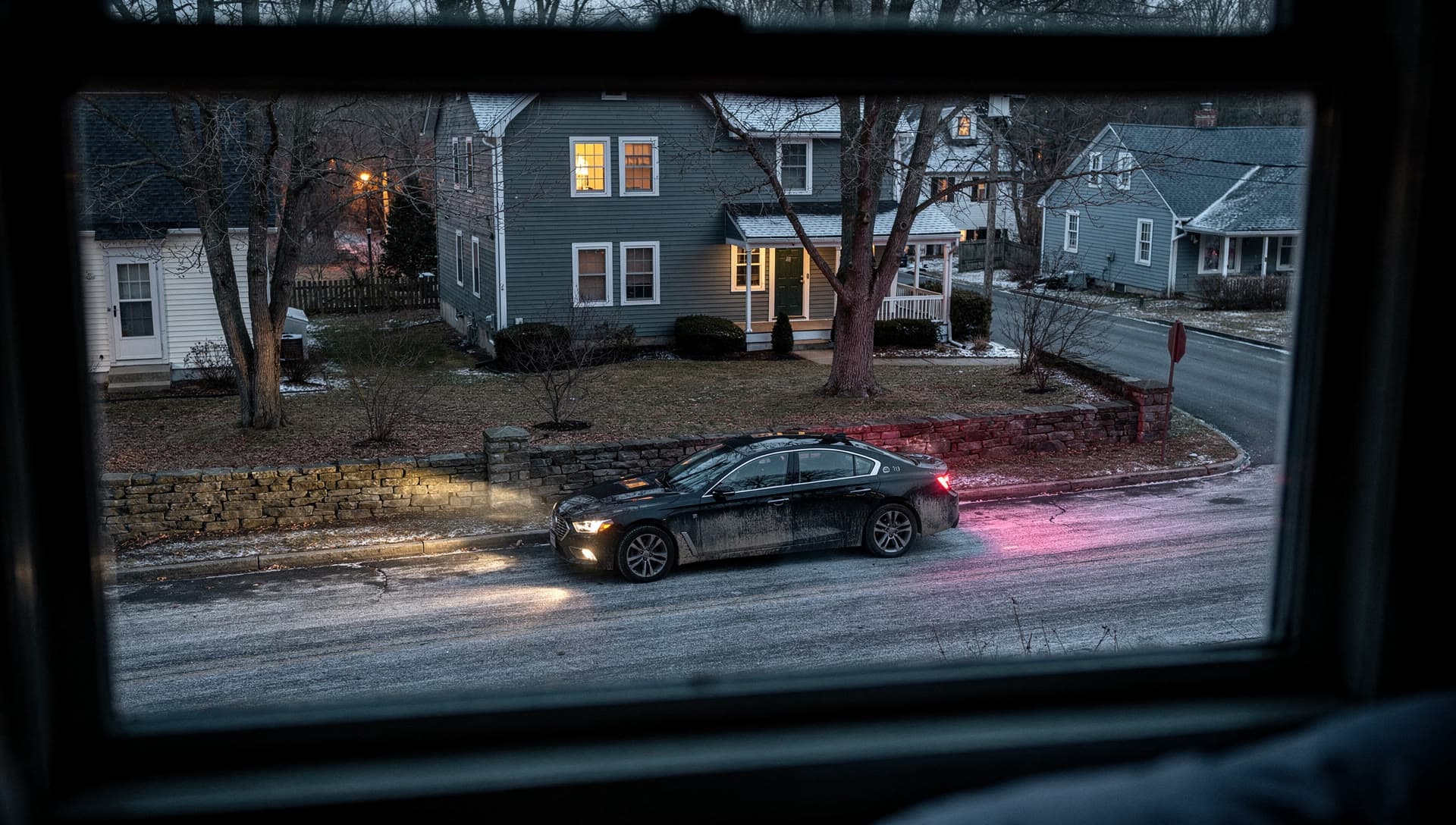 A sedan idling on a tree lined Andover street at four in the morning seen from a second story window, one house light on and a stone wall along the verge.