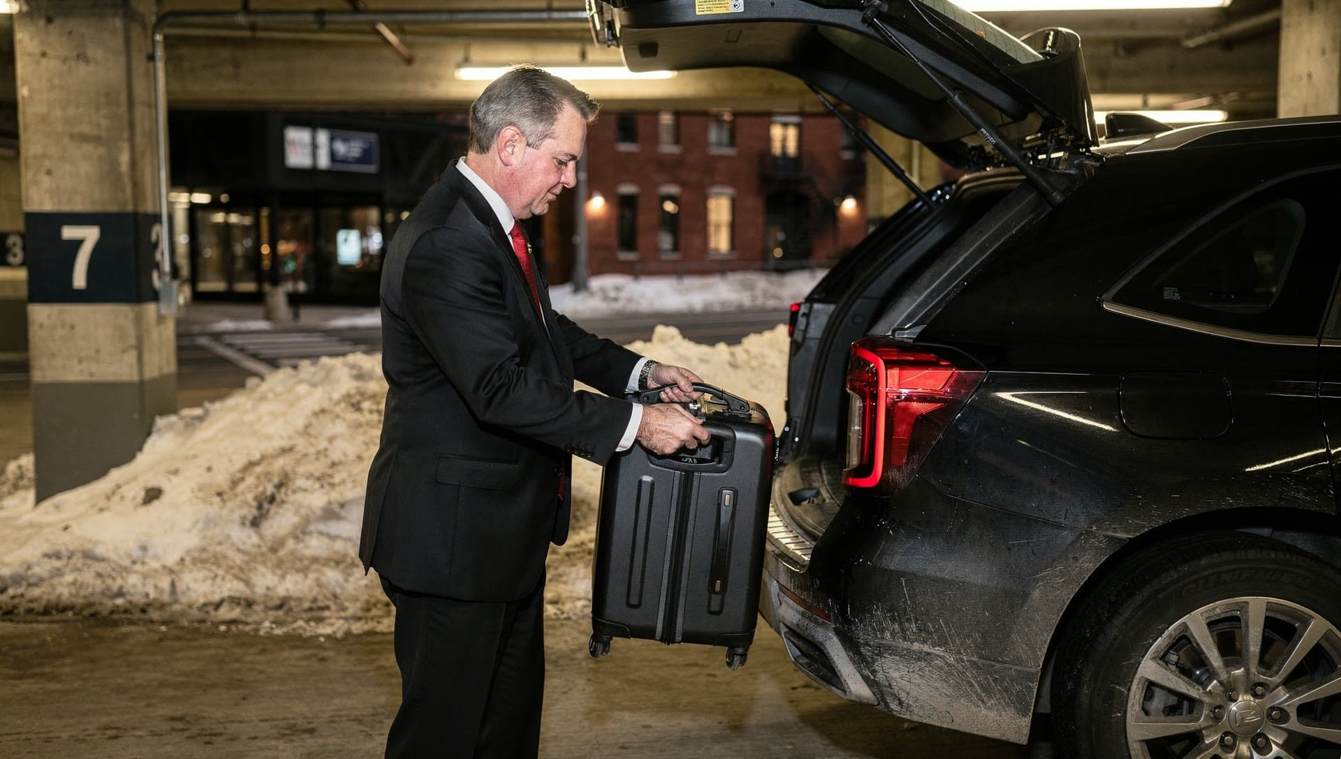 A chauffeur in a black suit and red tie lifting a hard shell rolling suitcase toward the open rear hatch of a dark vehicle in a covered garage bay.