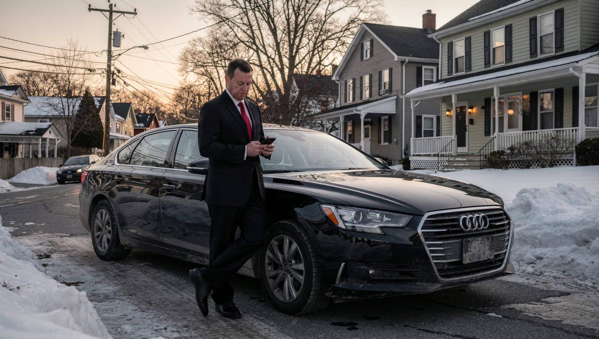A chauffeur in a black suit leaning against the front wing of his vehicle reading his phone at dawn while he waits for a pickup.