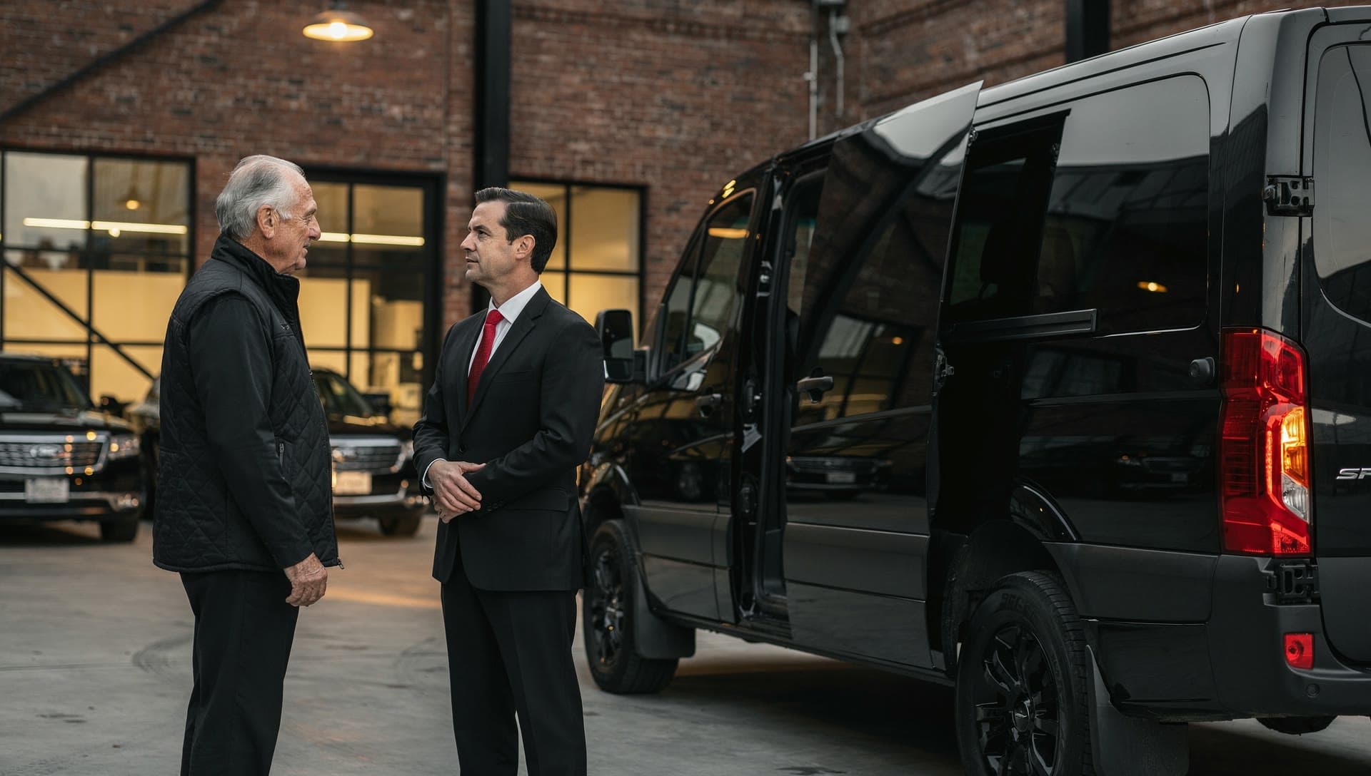 A chauffeur in a black suit and red tie speaks with an older man beside a black passenger van with its sliding door open inside a garage.