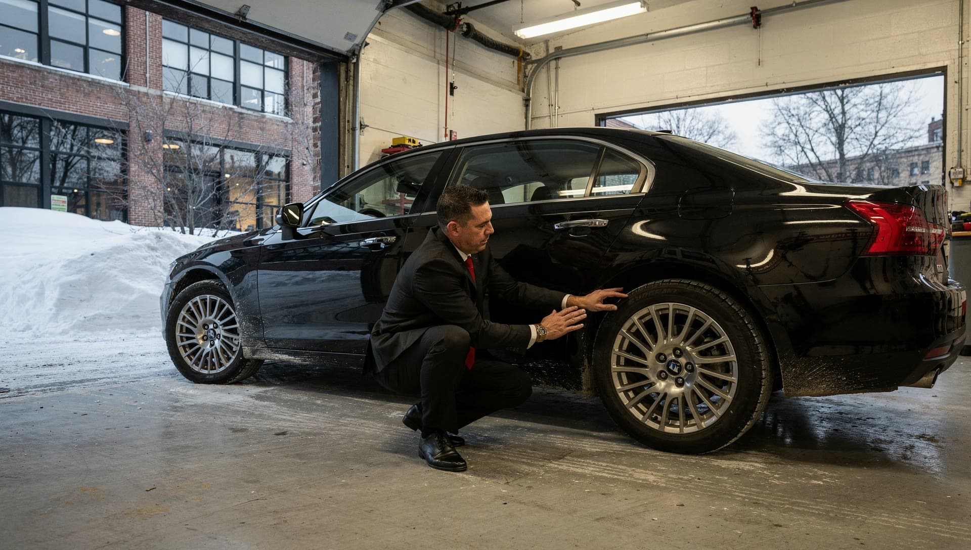 A chauffeur in a dark suit and red tie crouched at the rear wheel of a black sedan inside a garage bay, one hand resting against the tyre.