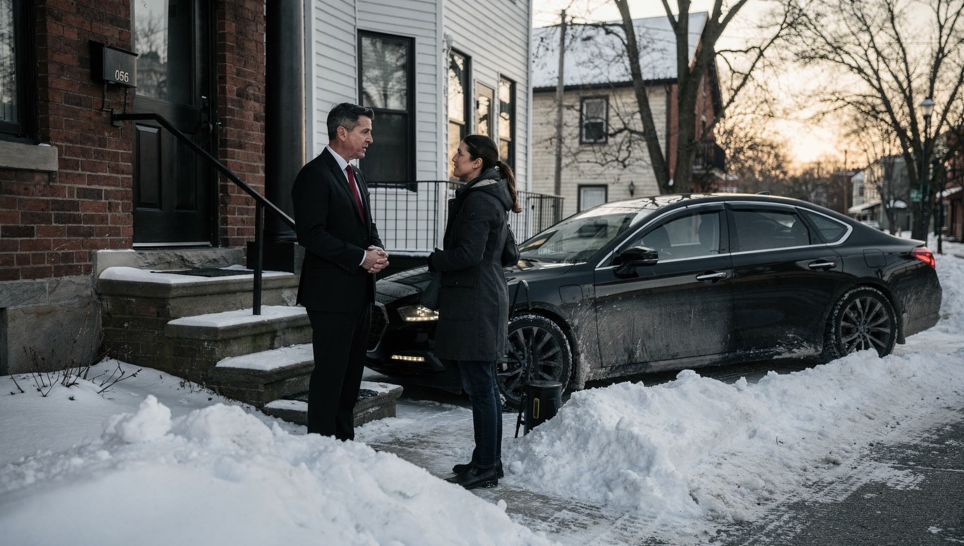 A chauffeur in a dark overcoat and red tie talking with a woman in a grey coat on a snowy sidewalk, a black sedan waiting at the kerb behind them.