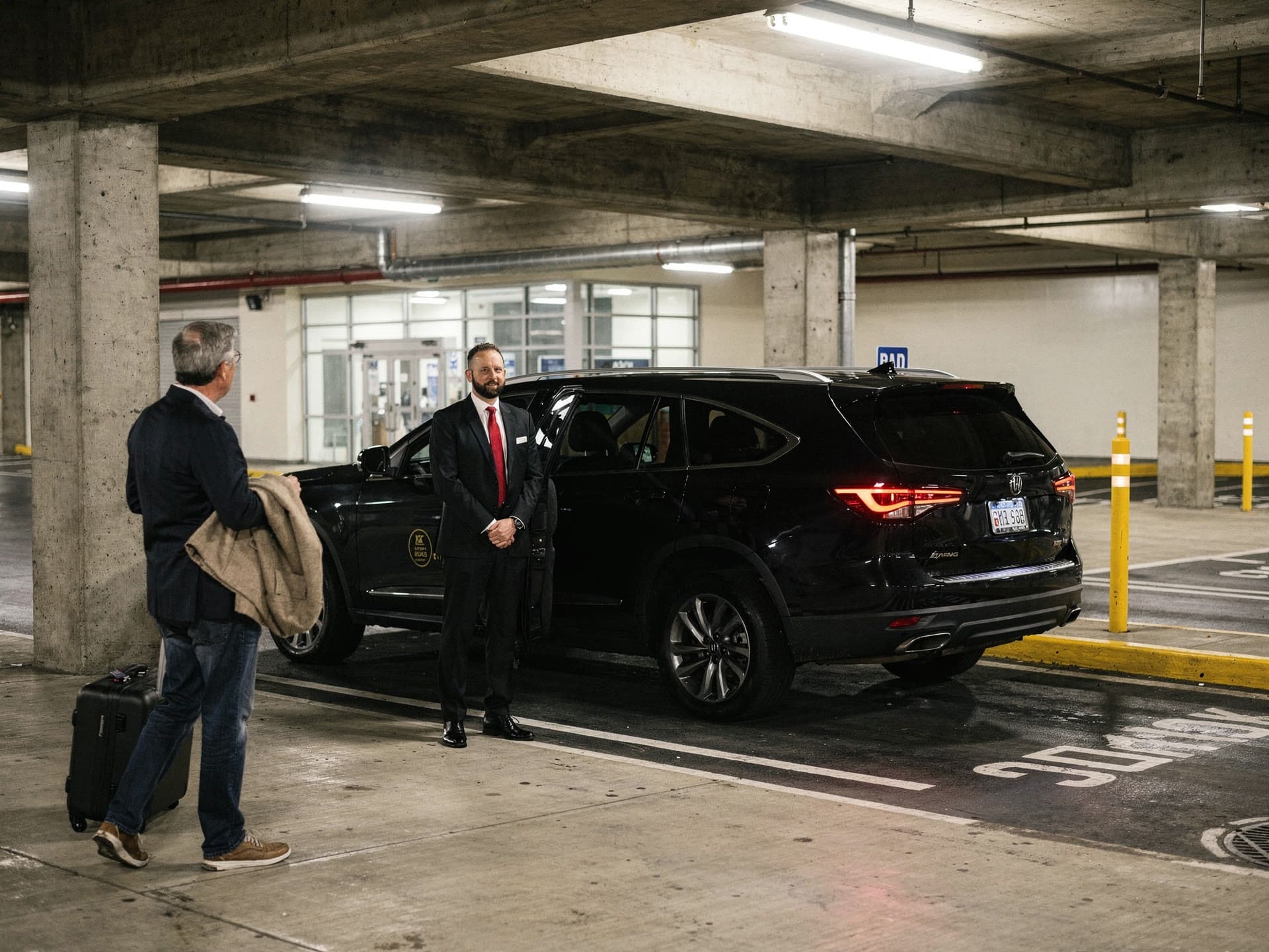 A traveler wheeling a suitcase out of a Logan terminal door toward a waiting black SUV at the ground transportation stand.