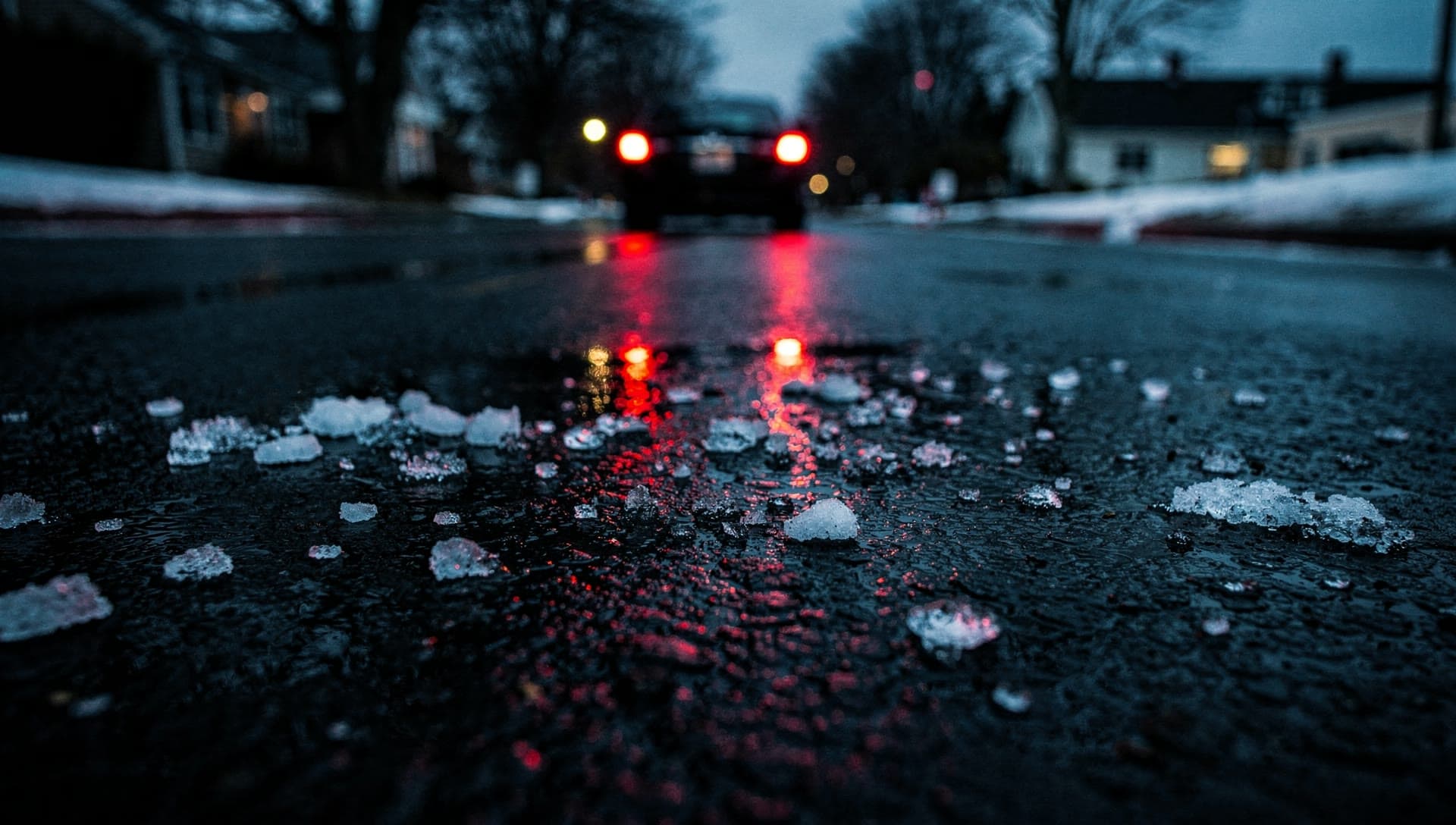 A ground level view along a wet residential street before dawn, chunks of melting snow scattered across the asphalt and the tail lights of a departing vehicle reflected down the road.