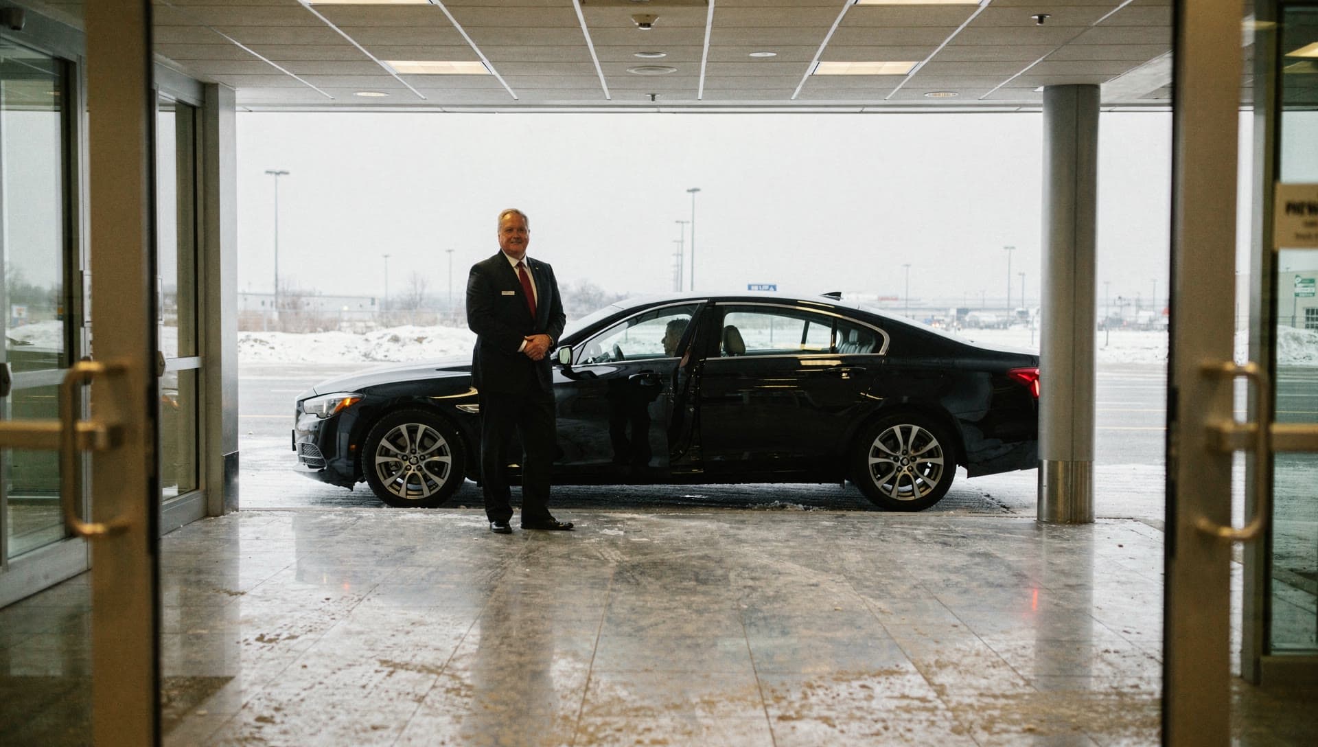 Framed through the glass doors of a small regional airport terminal, a chauffeur in a dark suit stands at the open rear door of a black sedan waiting a few paces from the exit, snow banked along the kerb behind it.