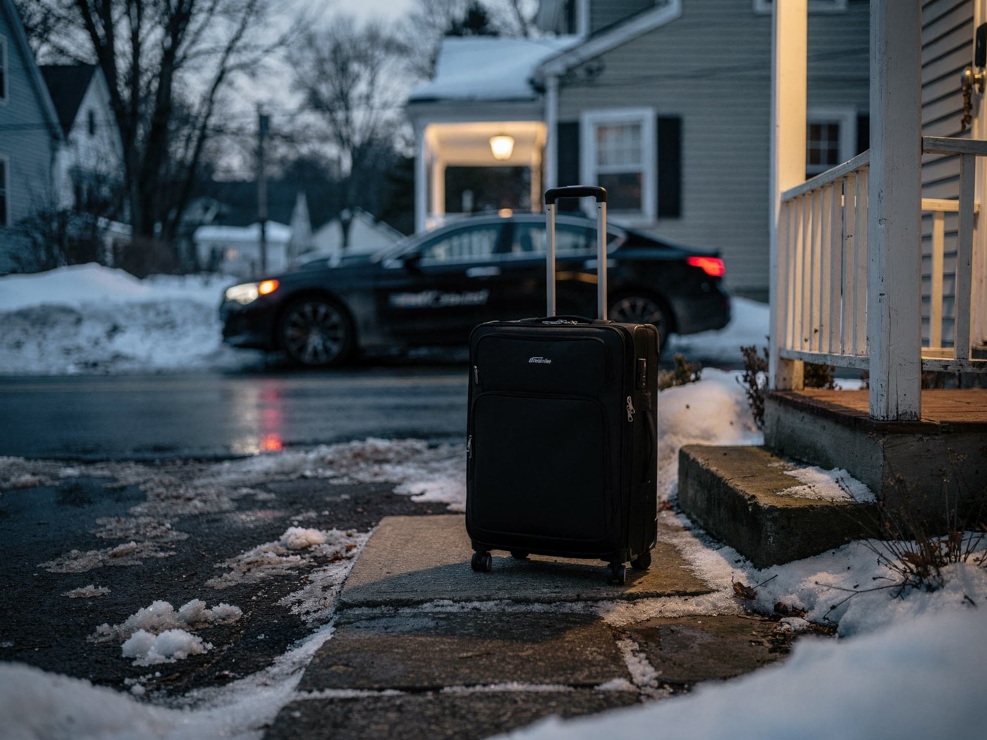 A black sedan idling outside a Merrimack Valley home before dawn with its parking lights on and a suitcase waiting by the front steps.