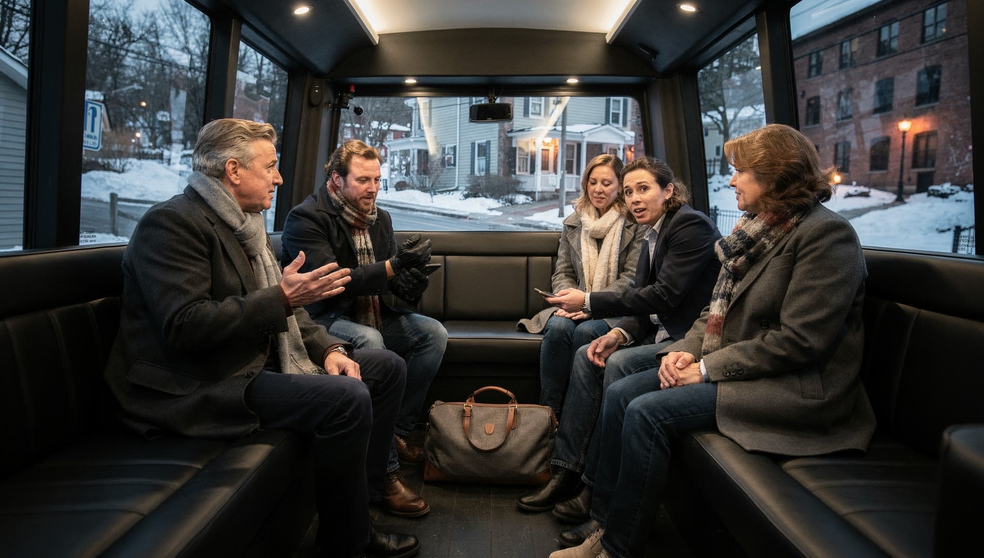 Five adults in winter coats sit facing one another along the bench seats of a party bus, one gesturing mid sentence, a weekend bag on the floor between them and a snowy street beyond the windows.