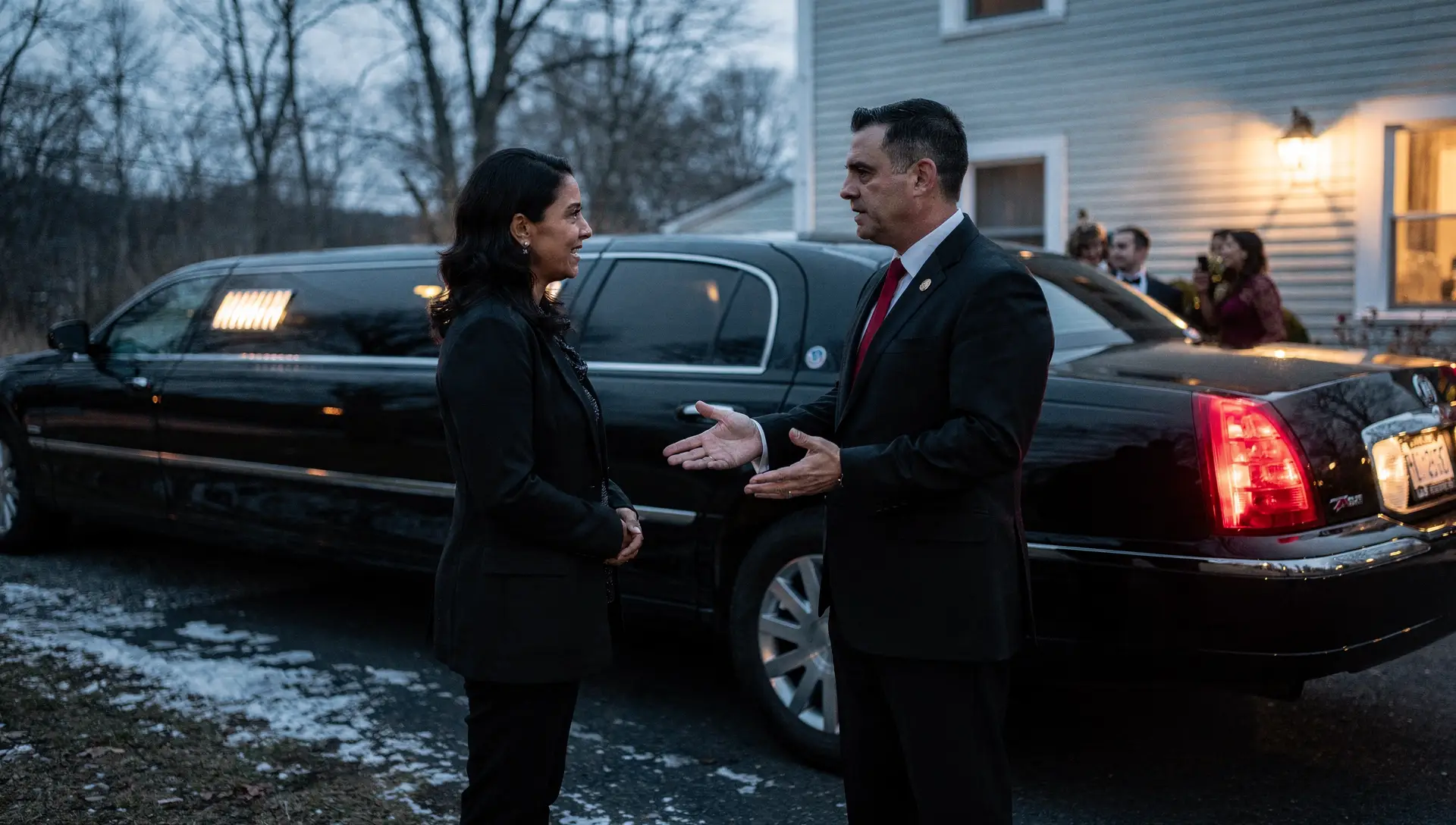 A chauffeur answering a parent's questions beside a stretch limousine before a prom pickup