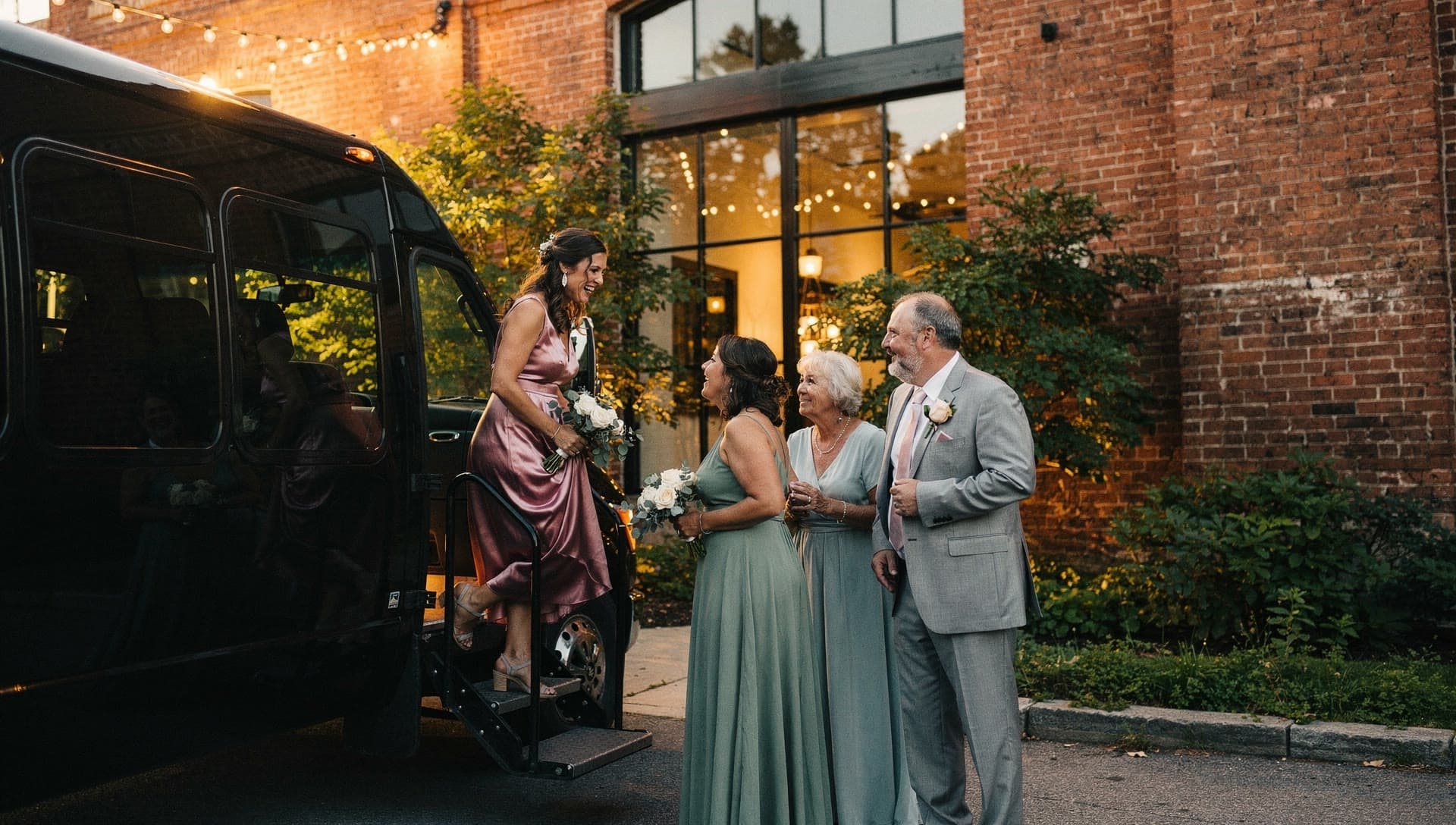 A bridesmaid steps down from a black shuttle bus toward a wedding party in colorful formalwear beneath string lights in a brick courtyard.