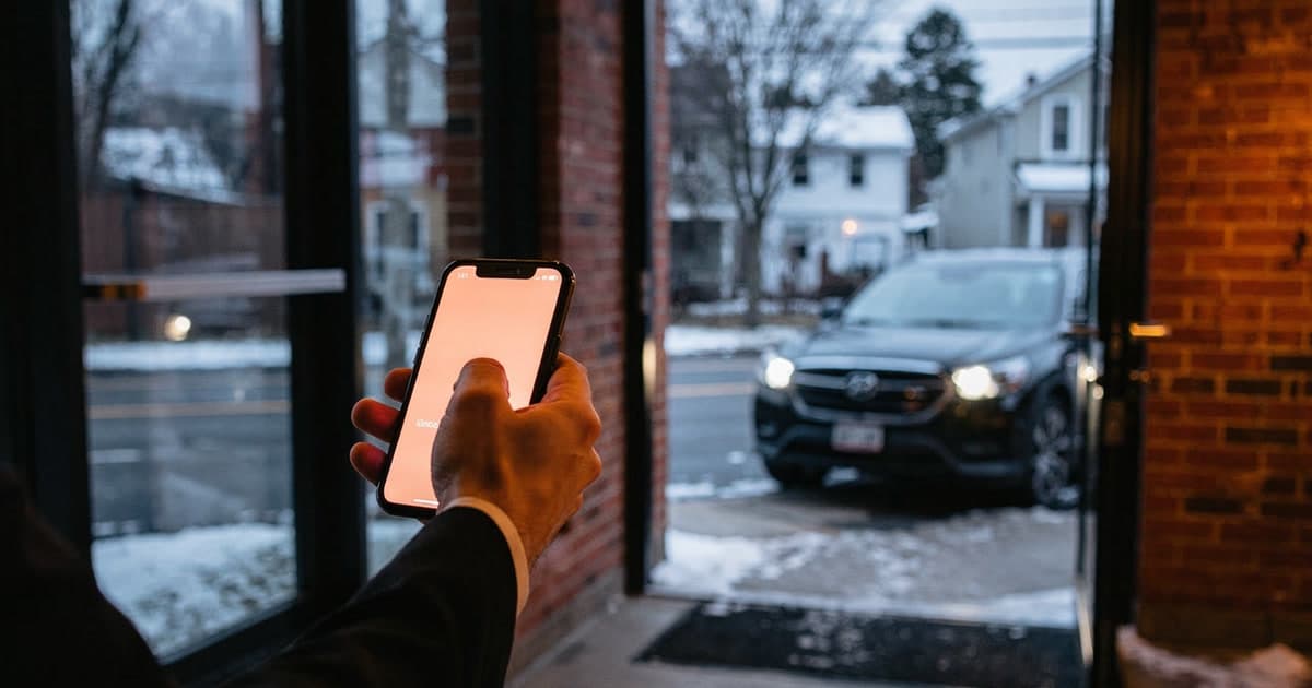 A phone held in one hand showing a booking confirmation, with a black sedan pulling to the curb behind it in early morning light.