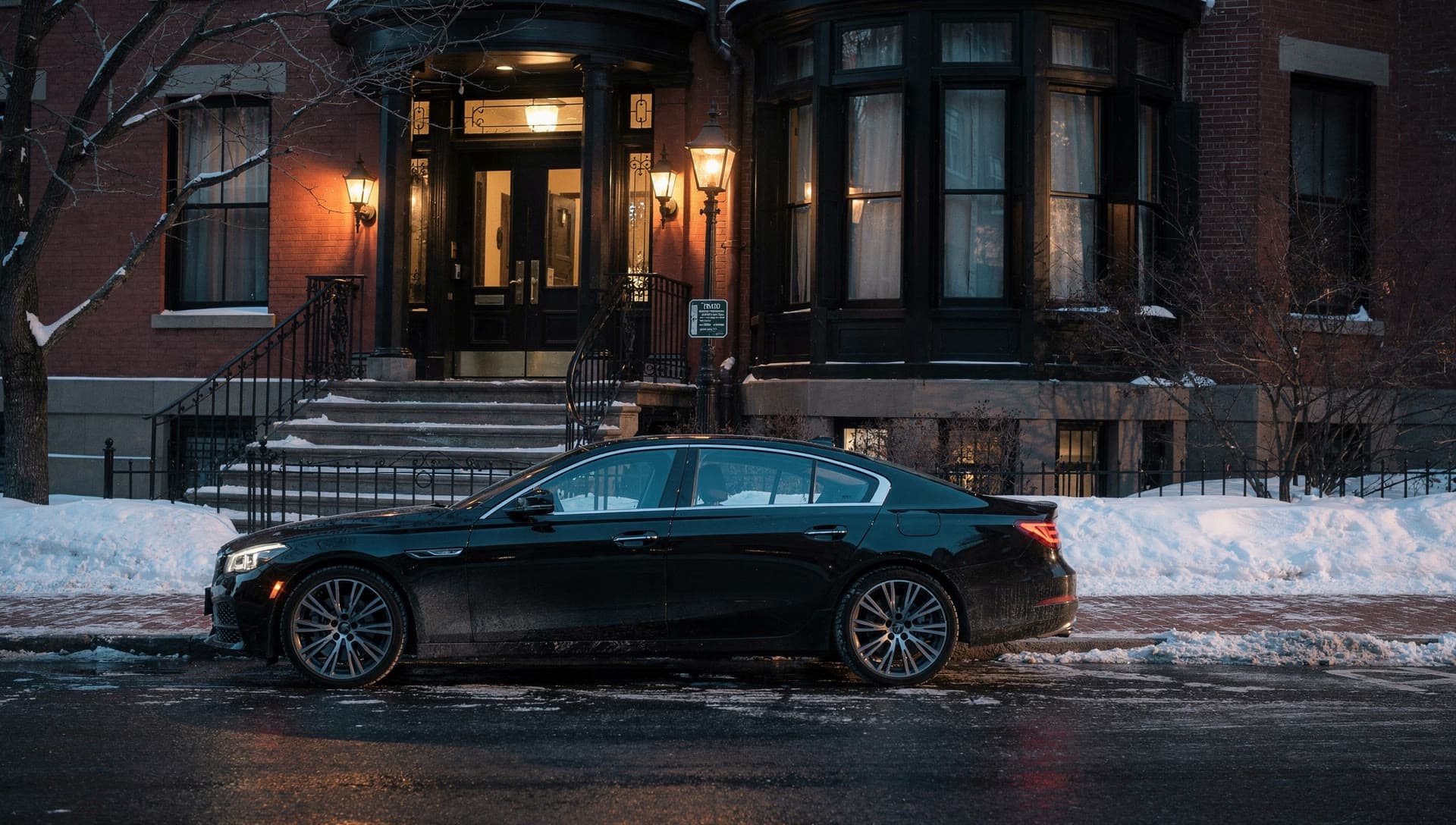A sedan at a Back Bay brownstone stoop late at night, gaslight over an empty street.