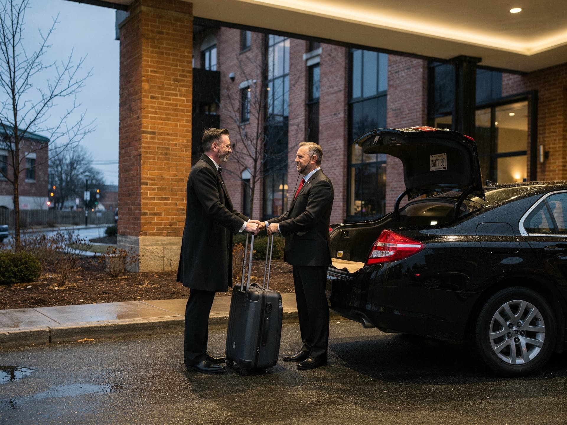 A doorman handing a suitcase to a chauffeur at an open trunk under a hotel portico.
