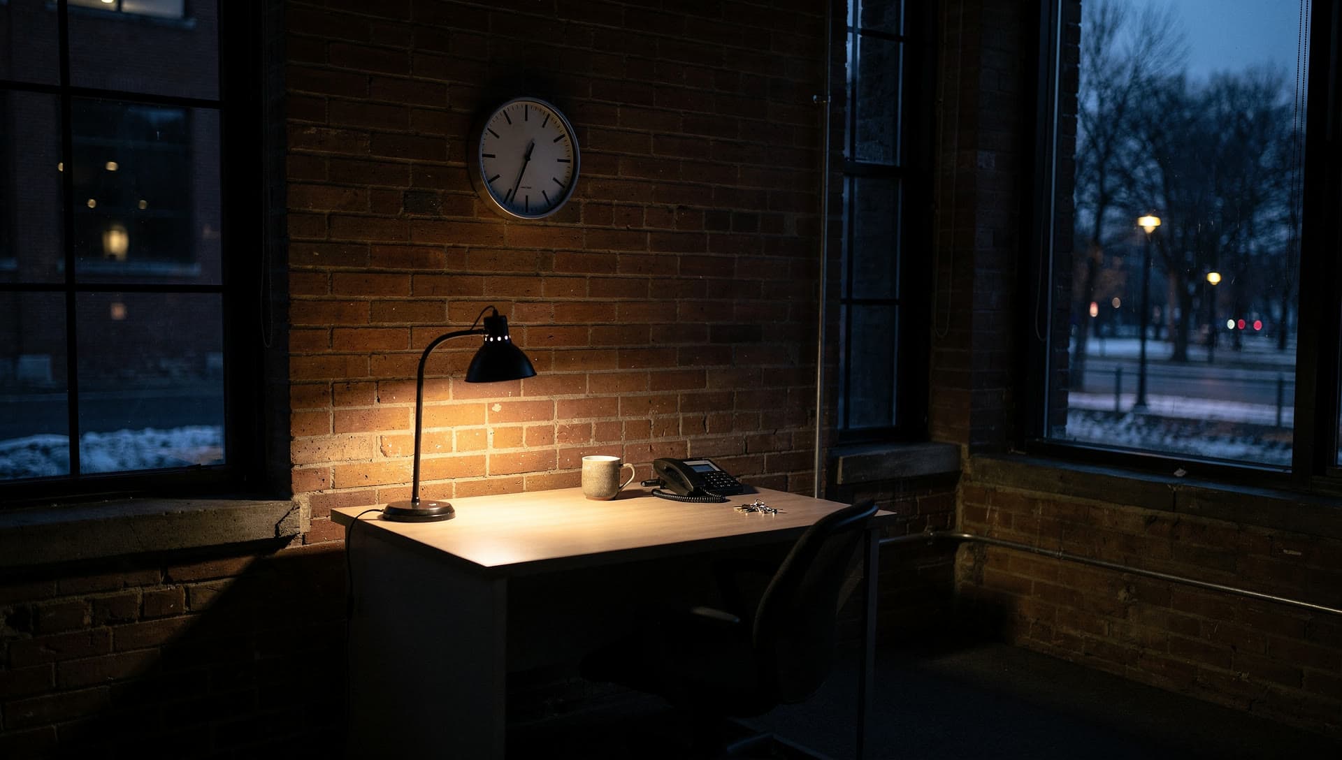 A small dispatch desk lit by one lamp in the middle of the night, a phone and a wall clock beside dark windows