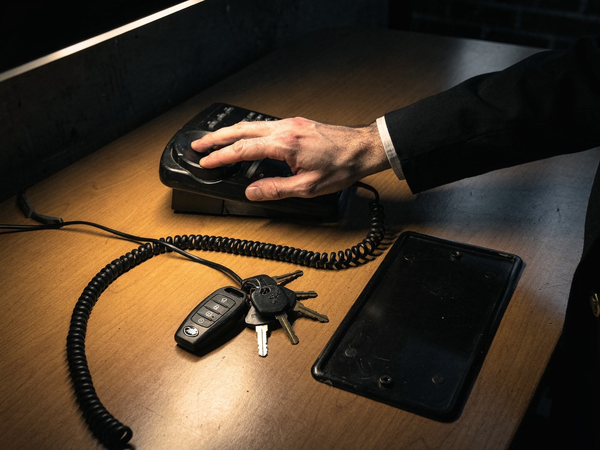 A hand lifting a desk phone under lamp light, keys and a spare livery plate on the desk beside it