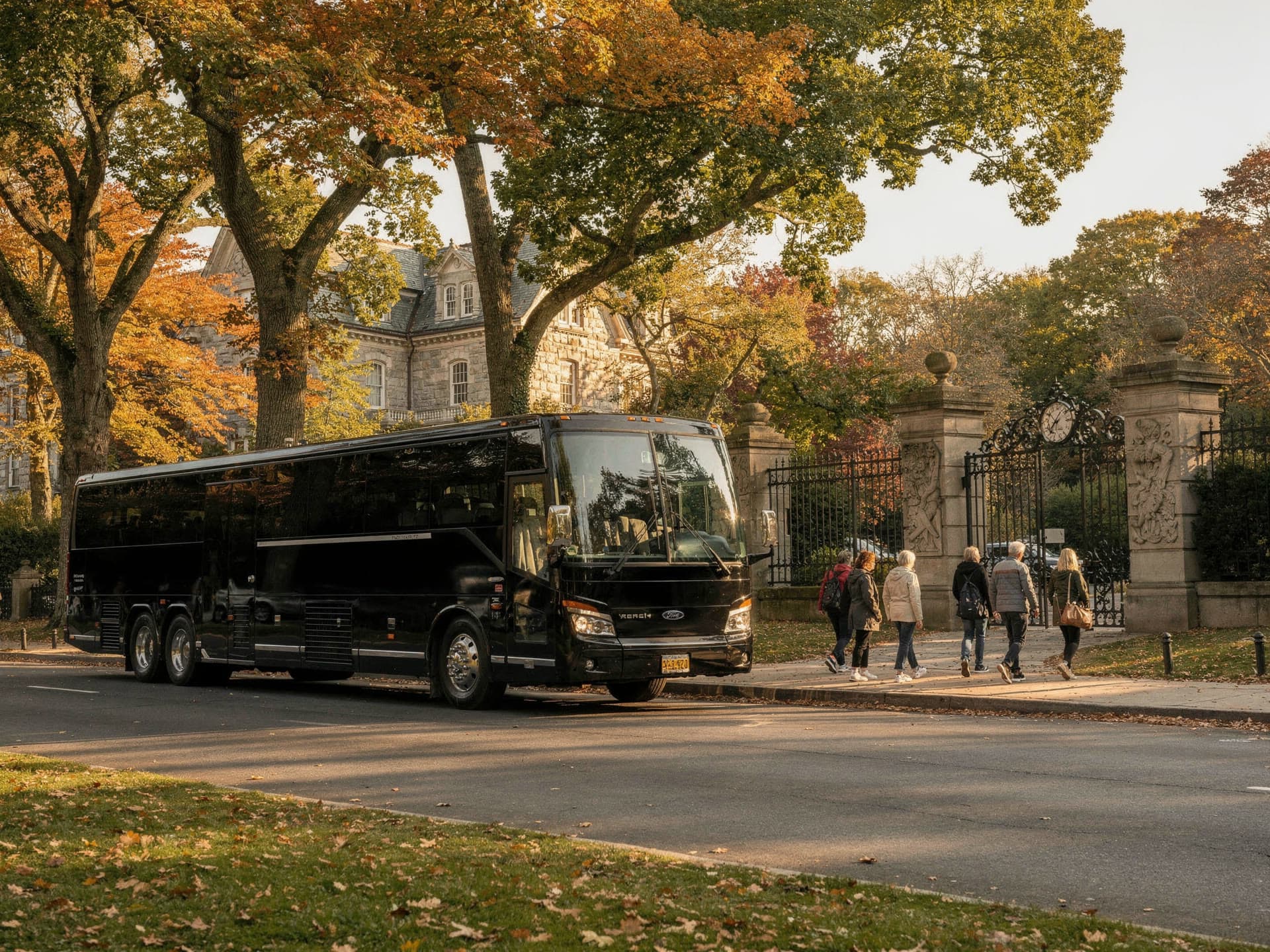 A motorcoach parked on a tree lined Newport avenue in early autumn, passengers walking toward a gilded age mansion gate.