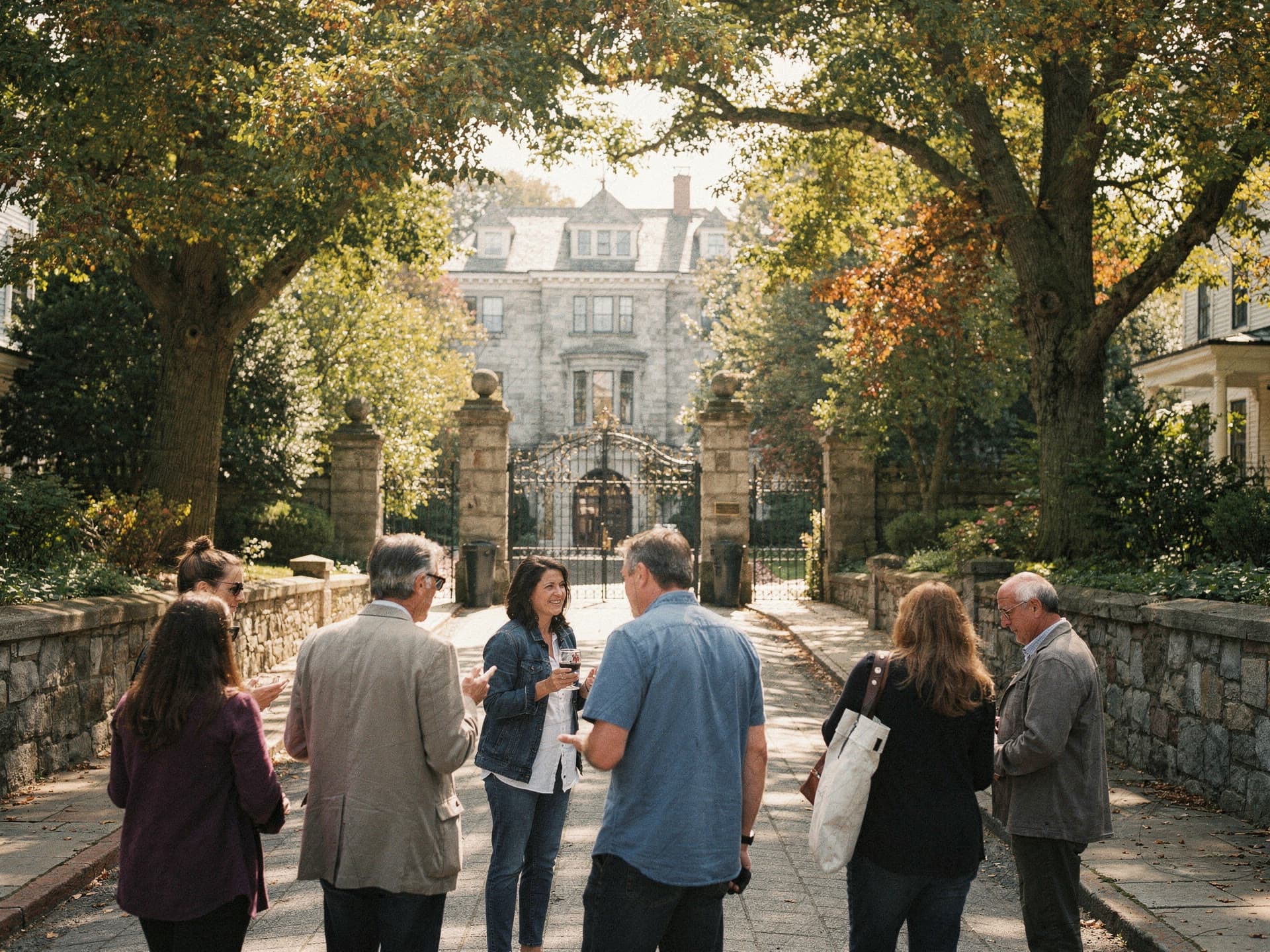 A tree lined Newport avenue in early autumn, walkers on the pavement heading toward a gilded age mansion gate.