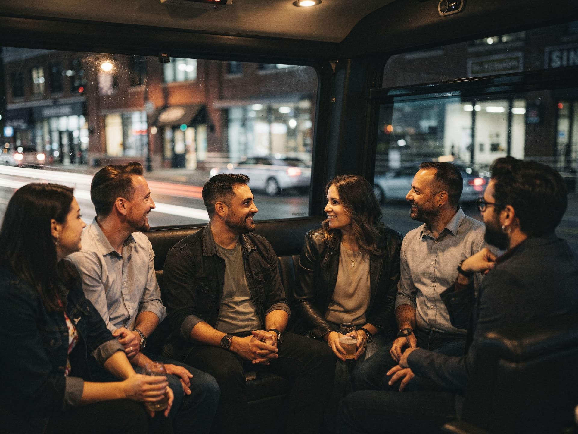 Riders talking across the wraparound bench of a moving party bus at night, city light passing the windows behind them.
