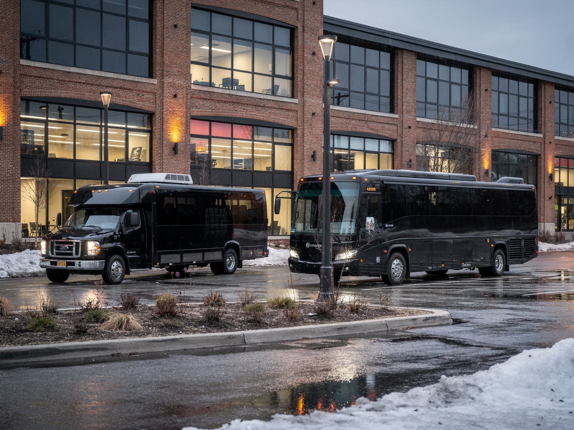 A fifty passenger party bus and a motorcoach parked side by side on a plaza lot at dusk, both interiors lit through the windows.