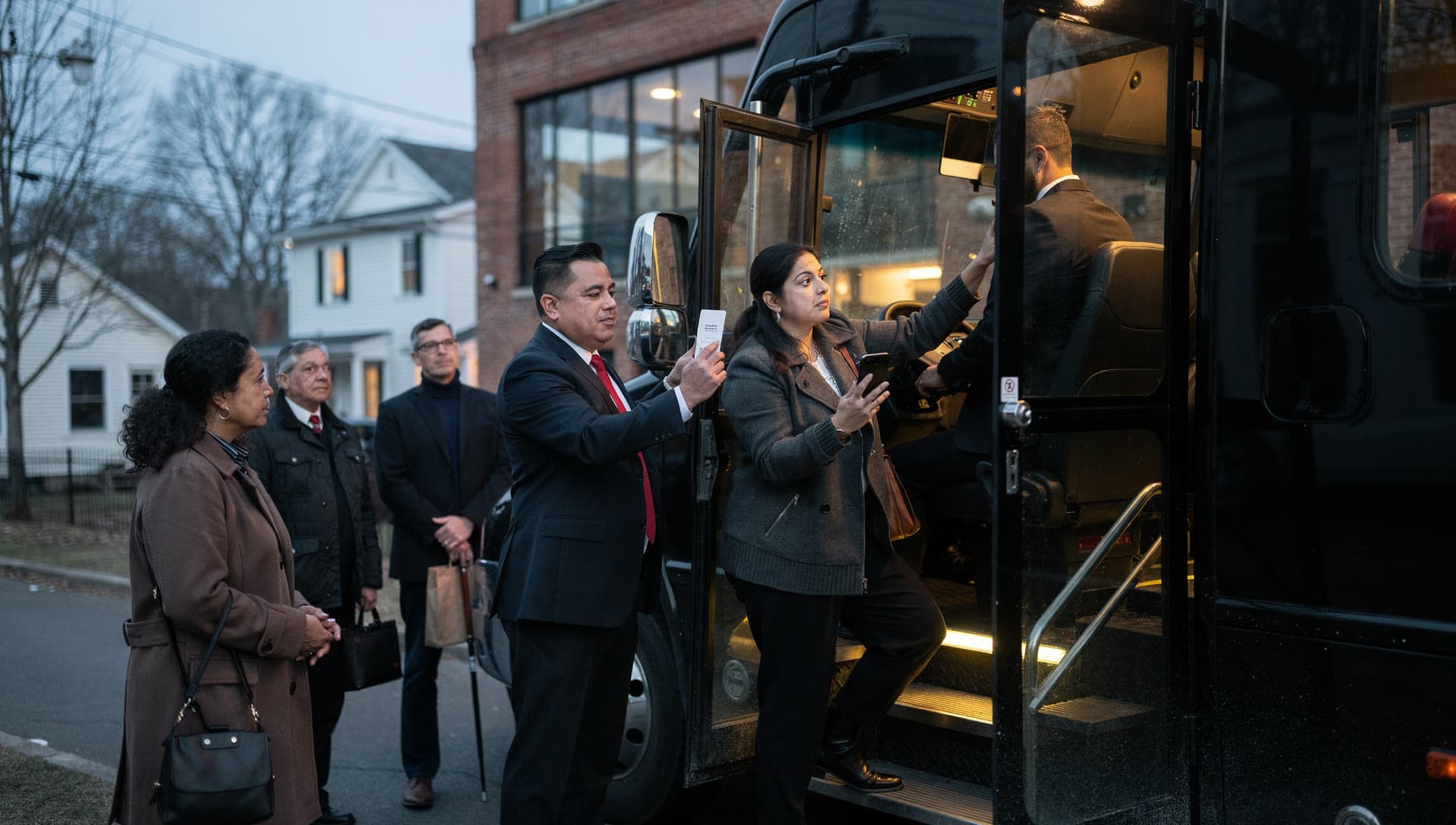 A rider holding up a ticket on her phone at the open door of a party bus in the evening, three other passengers waiting behind her.
