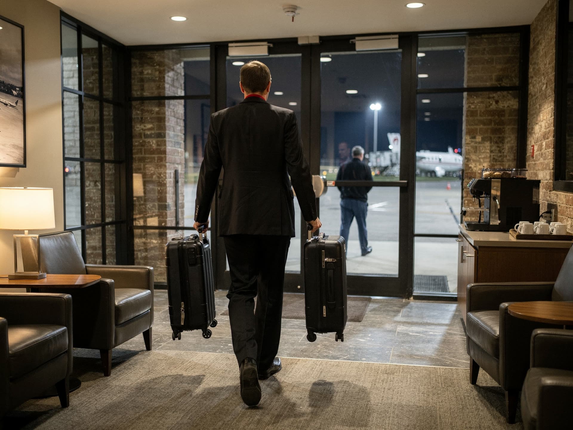 A chauffeur seen from behind carrying two cases across an FBO lounge floor toward the ramp doors, leather seating either side, a passenger walking ahead of him.