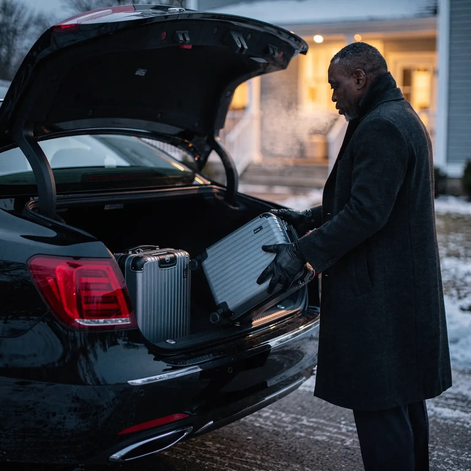 A chauffeur in a wool overcoat and gloves lowering a hard shell suitcase into the open trunk of a black sedan on a snowy driveway before dawn, a second case already inside.