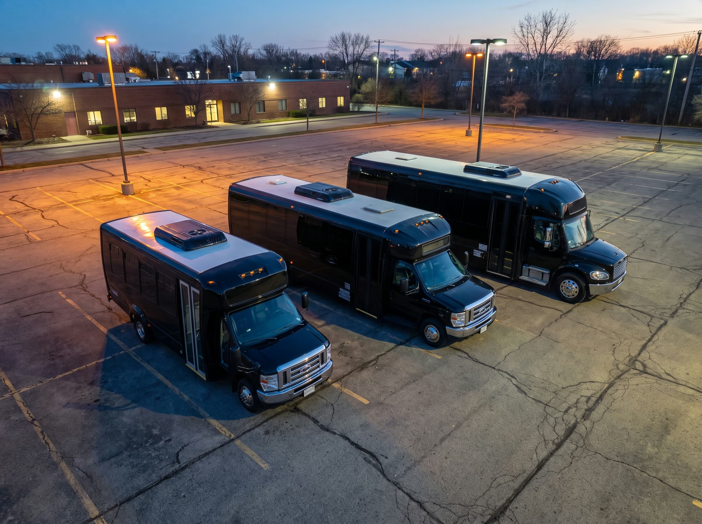 Three black party buses of increasing length parked side by side in an empty lot at dusk, the smallest and middle on cutaway van chassis and the largest on a full size truck cab, each with a squared coachbuilt body grafted behind its cab and a rooftop air conditioning unit.