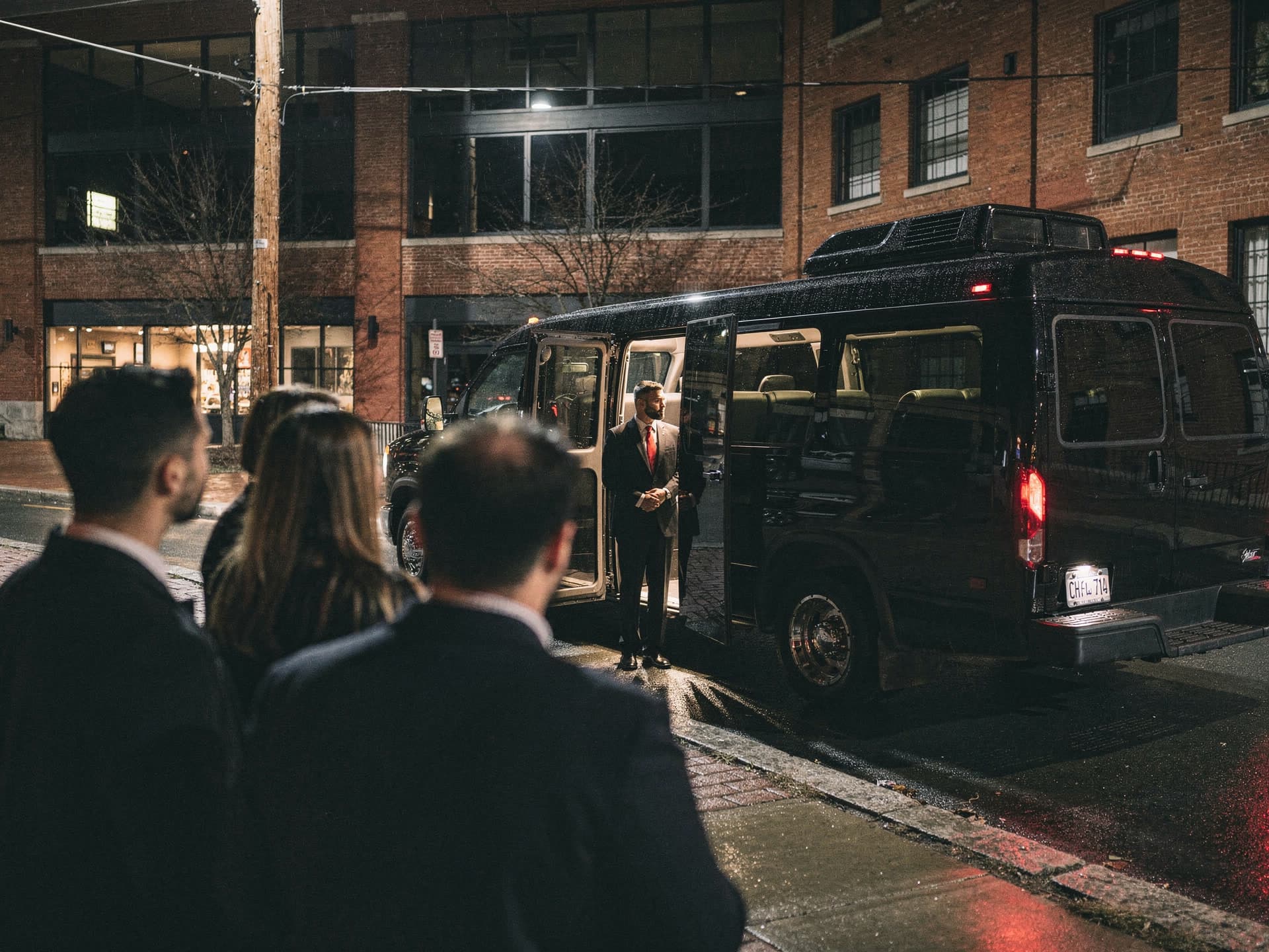 A bearded chauffeur in a dark suit and red tie waiting at the open door of a black party bus on a wet city street at night, four adults in dark formalwear walking toward it seen from behind, lit brick mill windows across the road.