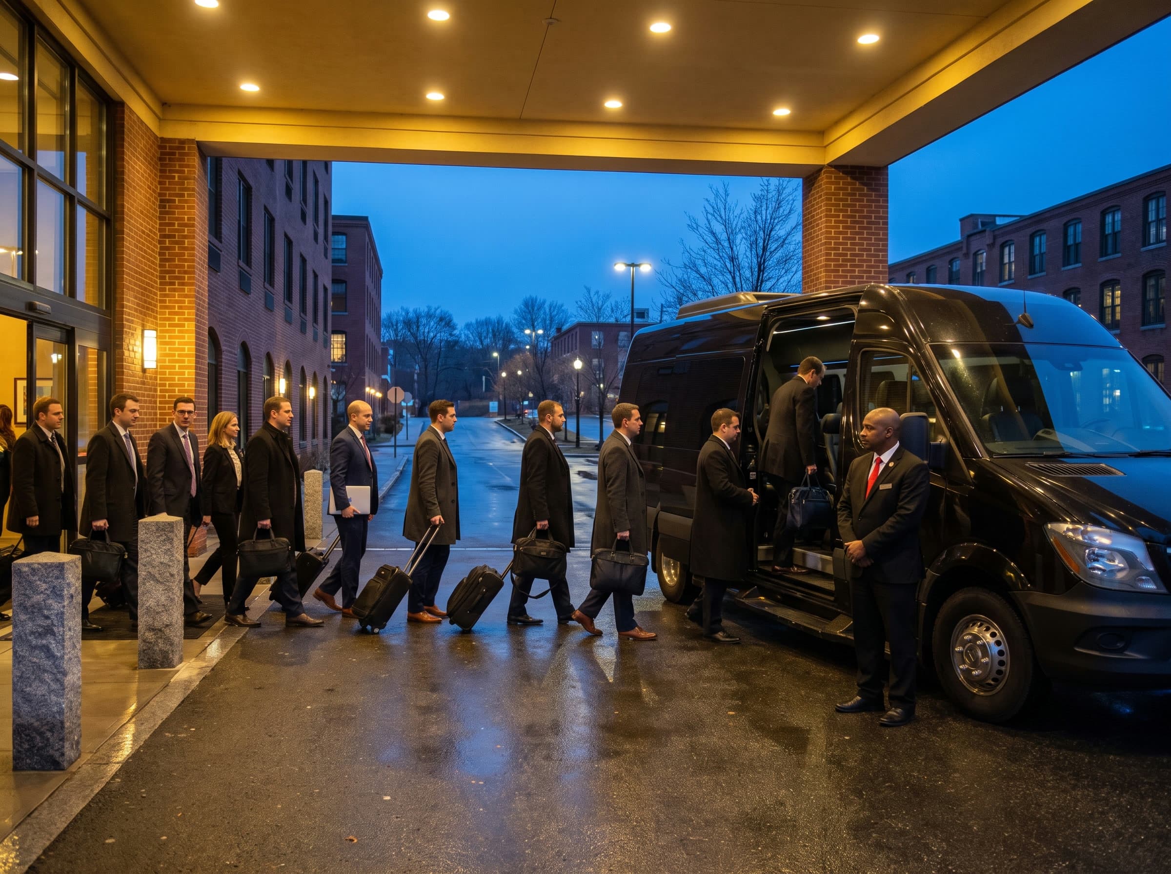 A line of business travellers in dark overcoats carrying briefcases and roller bags filing out from under a lit hotel canopy at blue hour to board a single black high roof executive van, a chauffeur in a black suit and red tie holding the side door open.