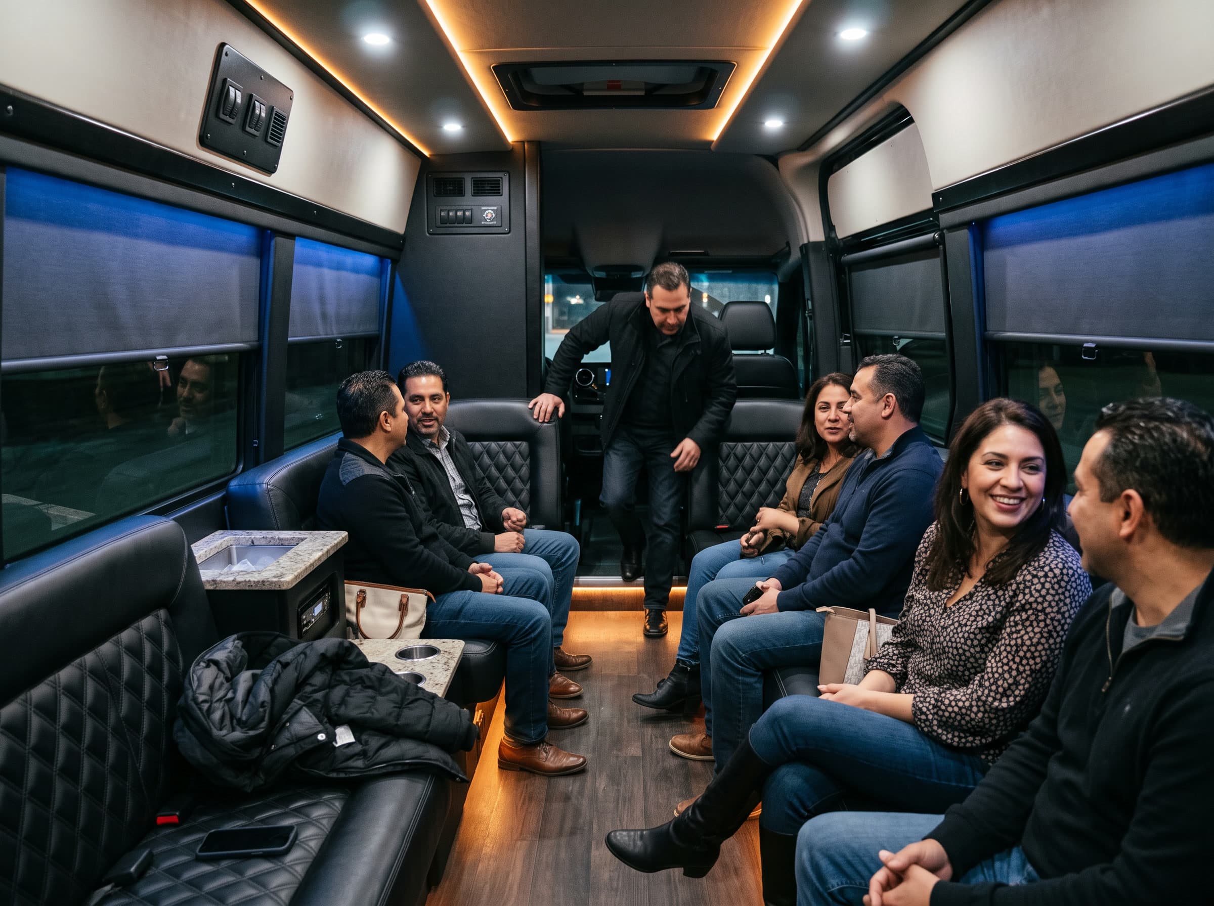 The lit cabin of a black executive van fitted as a limousine at night, adults in their thirties to fifties seated in quilted black leather along both sides talking in pairs, one man crossing the centre aisle with a hand on a seat back, a stone topped console with an ice well beside him.