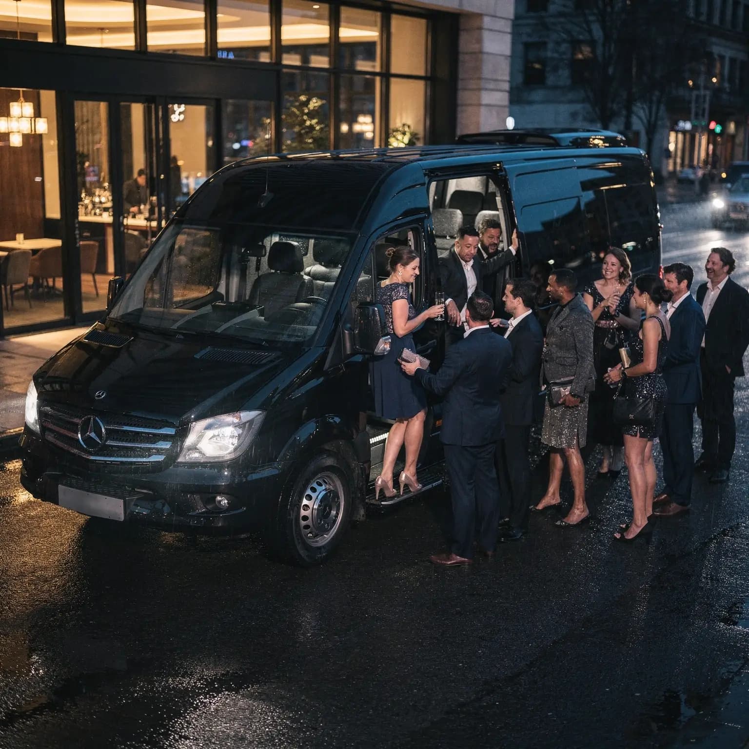 About a dozen people in evening clothes gathered at the open side door of a black Mercedes Sprinter on a wet city street at night, one woman stepping down onto the kerb while the rest wait to board.