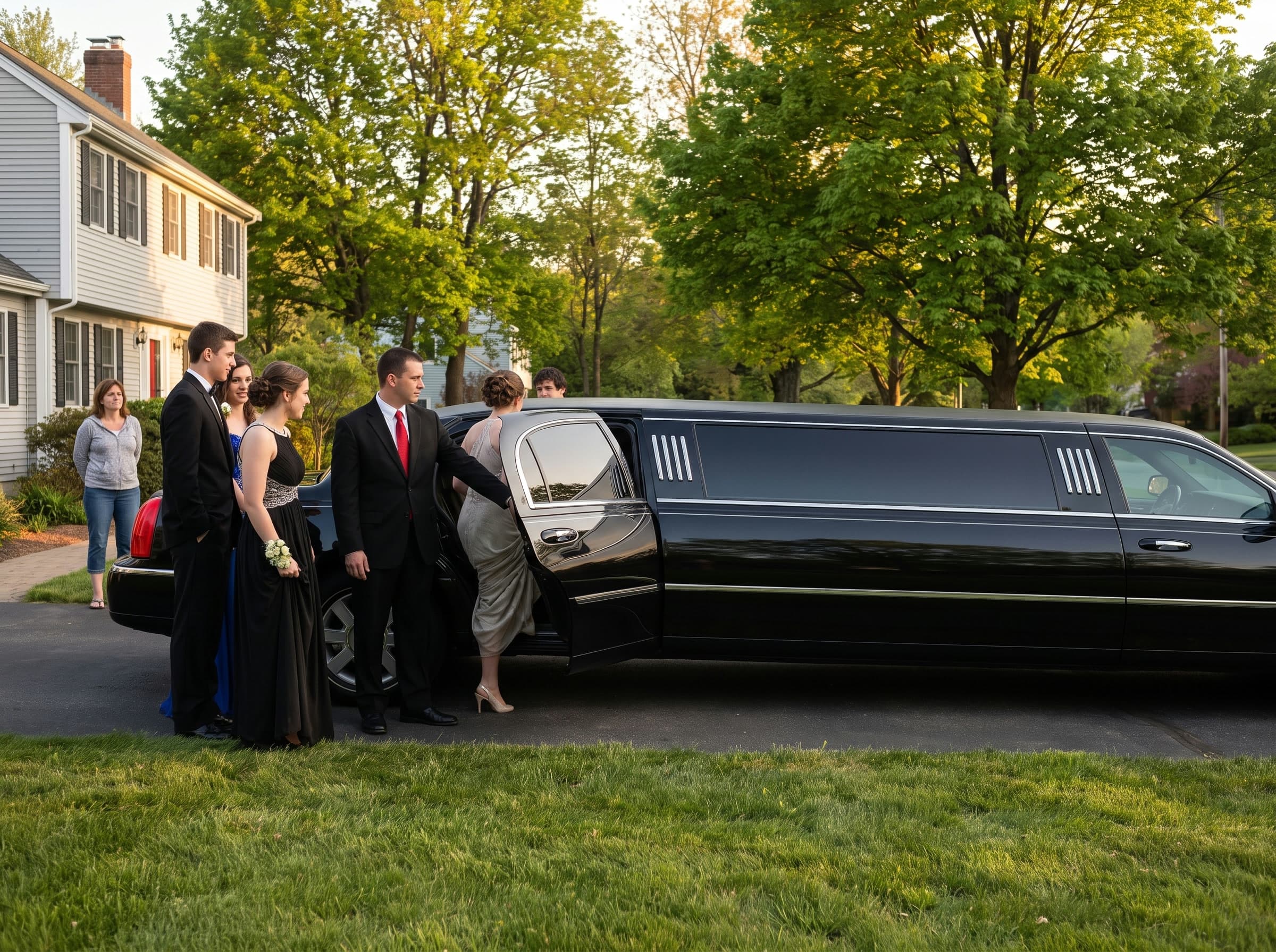 A chauffeur in a black suit and red tie holds the rear door of a black stretch limousine open while a teenager in a long silver gown steps in, three friends in prom formalwear waiting along the flank of the car and a woman watching from the top of the driveway; the car runs the full width of the frame, with the long blanked quarter panel and its chrome slat vents filling the whole span between the front and rear doors.