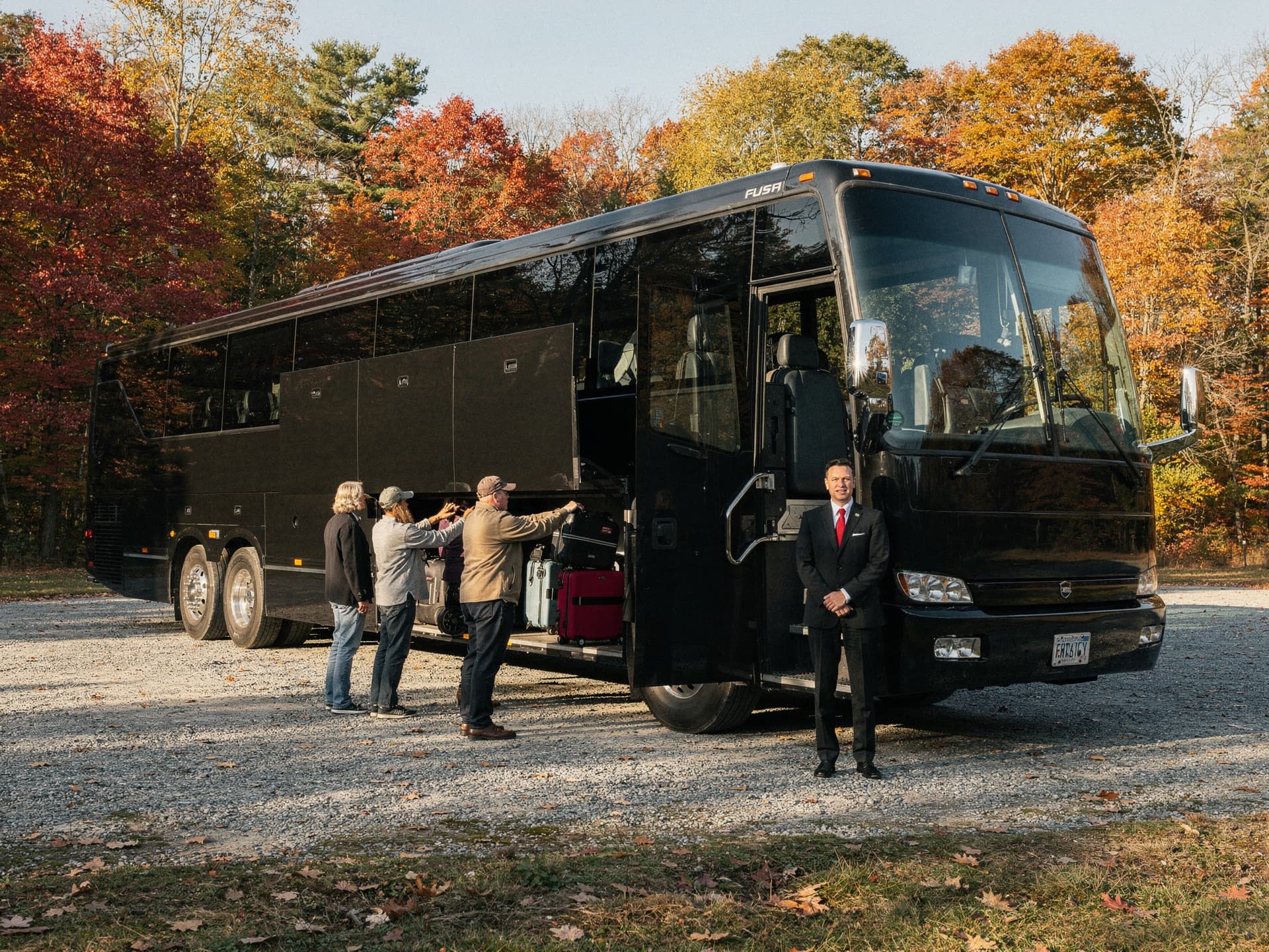 Black El Khourys motor coach with passenger entry door open