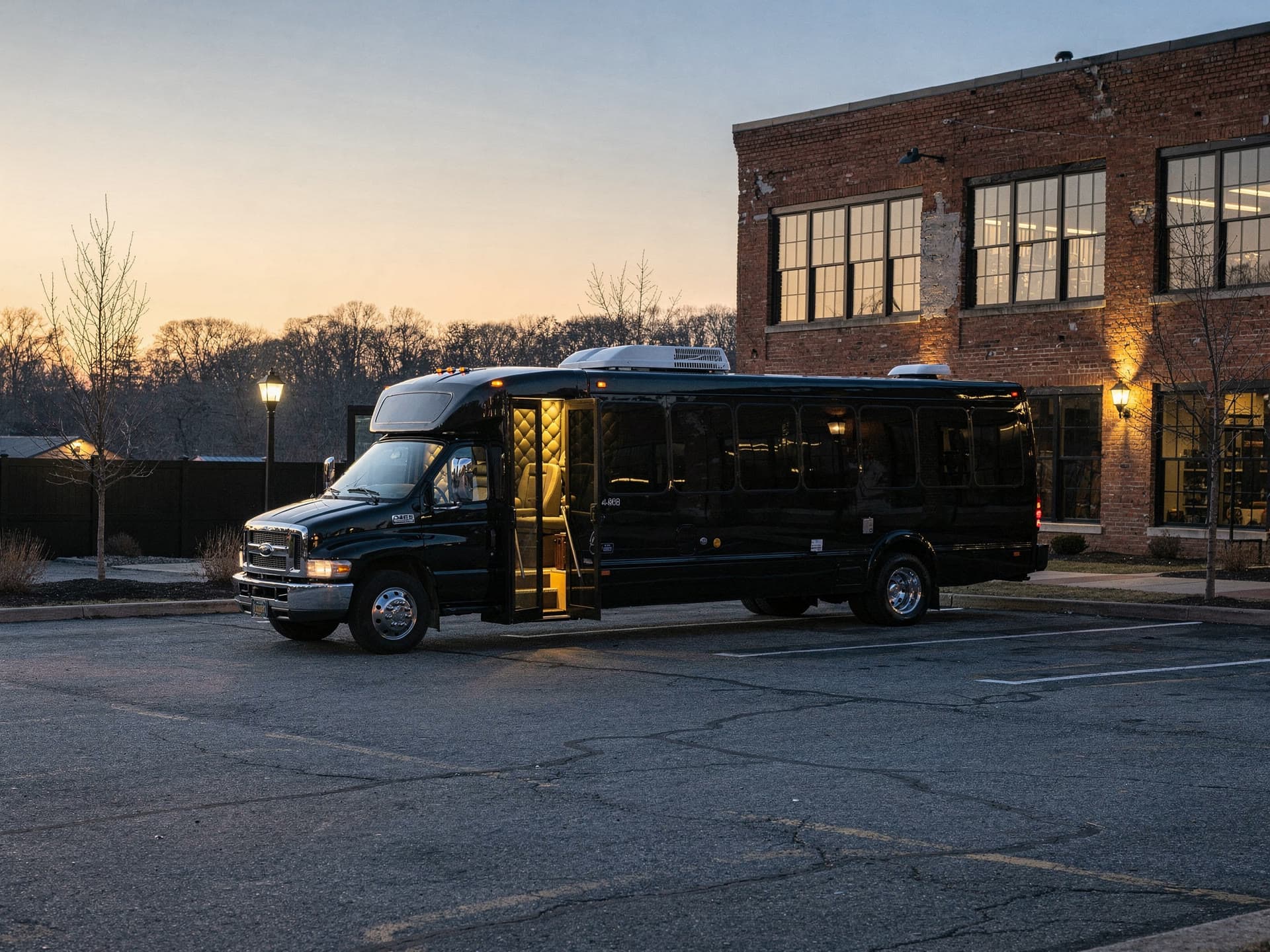 A fifty passenger party bus photographed at dusk in a plaza parking lot, full length of the vehicle in frame, doors open and interior lit.
