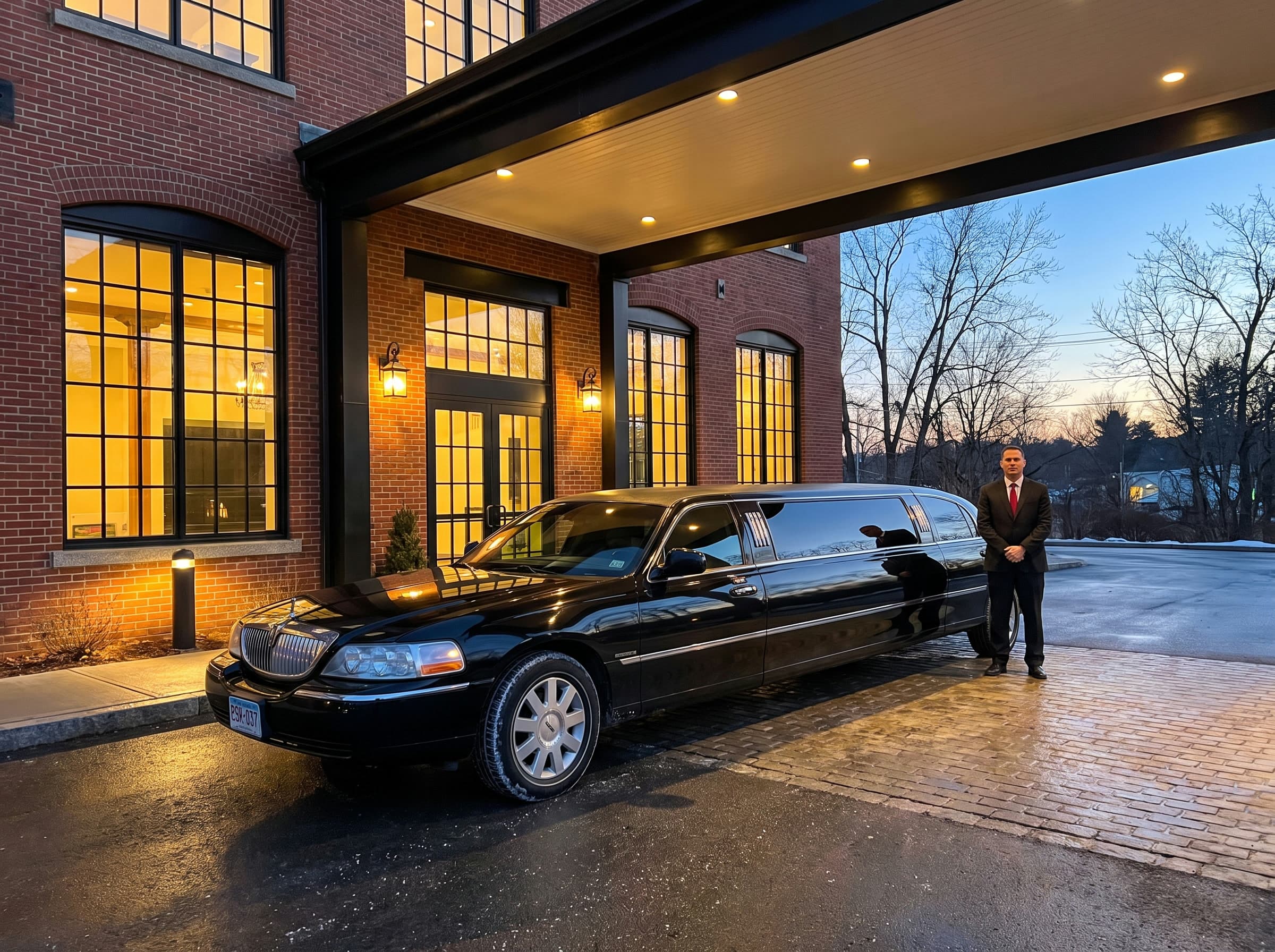 A black Lincoln Town Car stretch limousine under the lit entrance canopy of a brick mill building at blue hour, with a chauffeur in a black suit and red tie standing at the rear of the car