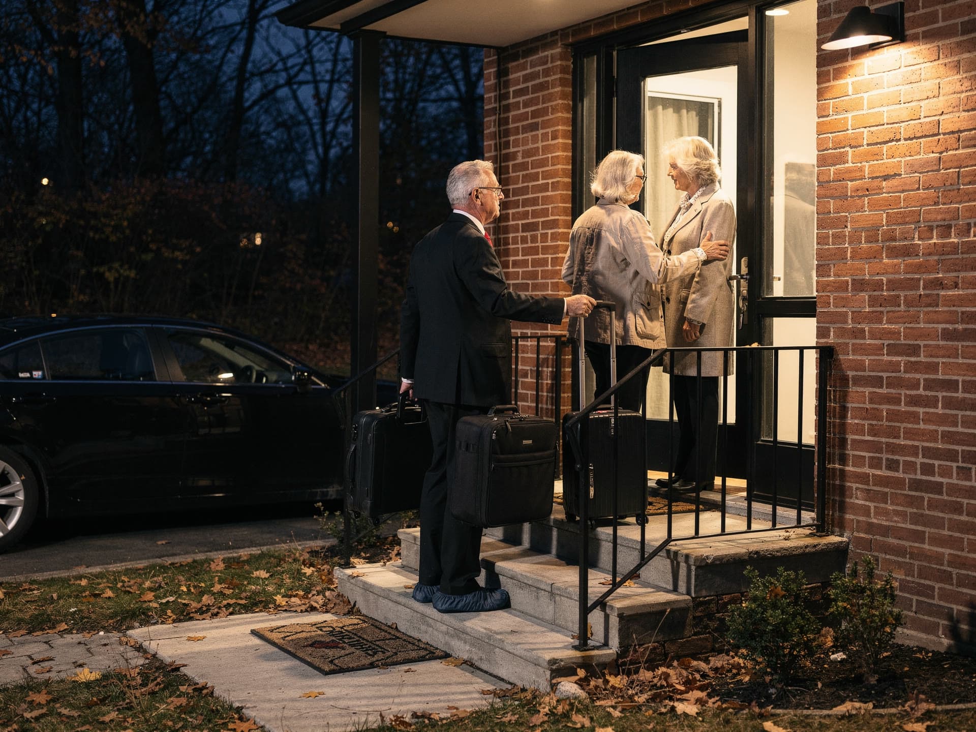 A chauffeur carrying two suitcases up the front steps into a house in the evening while a couple unlocks the door.