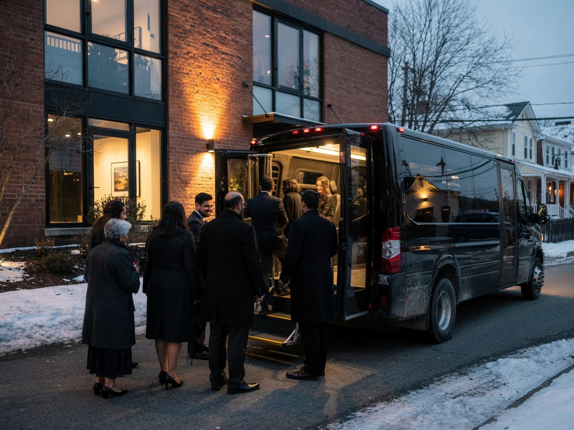 A large family group in formalwear boarding a party bus outside a function hall, seen from behind the group.