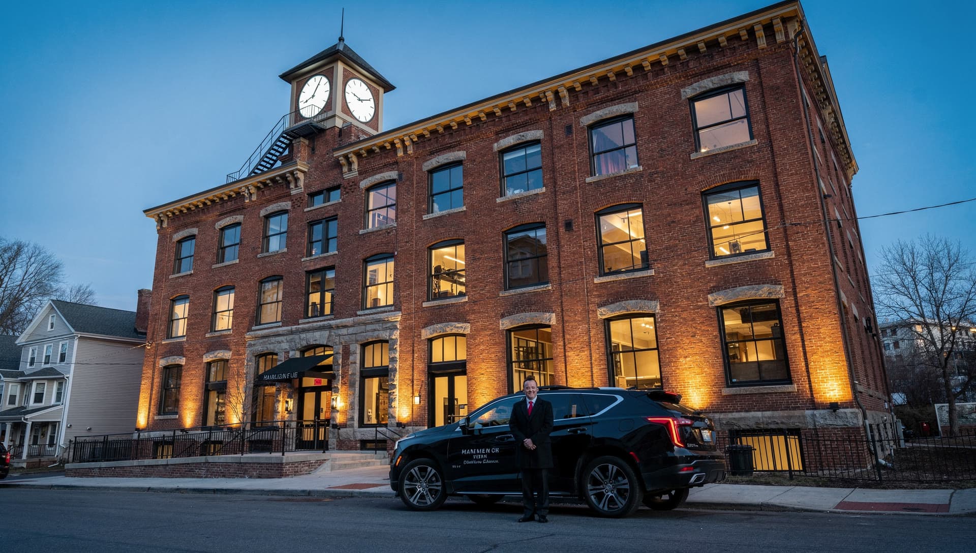 A black SUV at the curb below a lit brick mill facade in Lawrence, a clocktower silhouetted above it in the early evening.