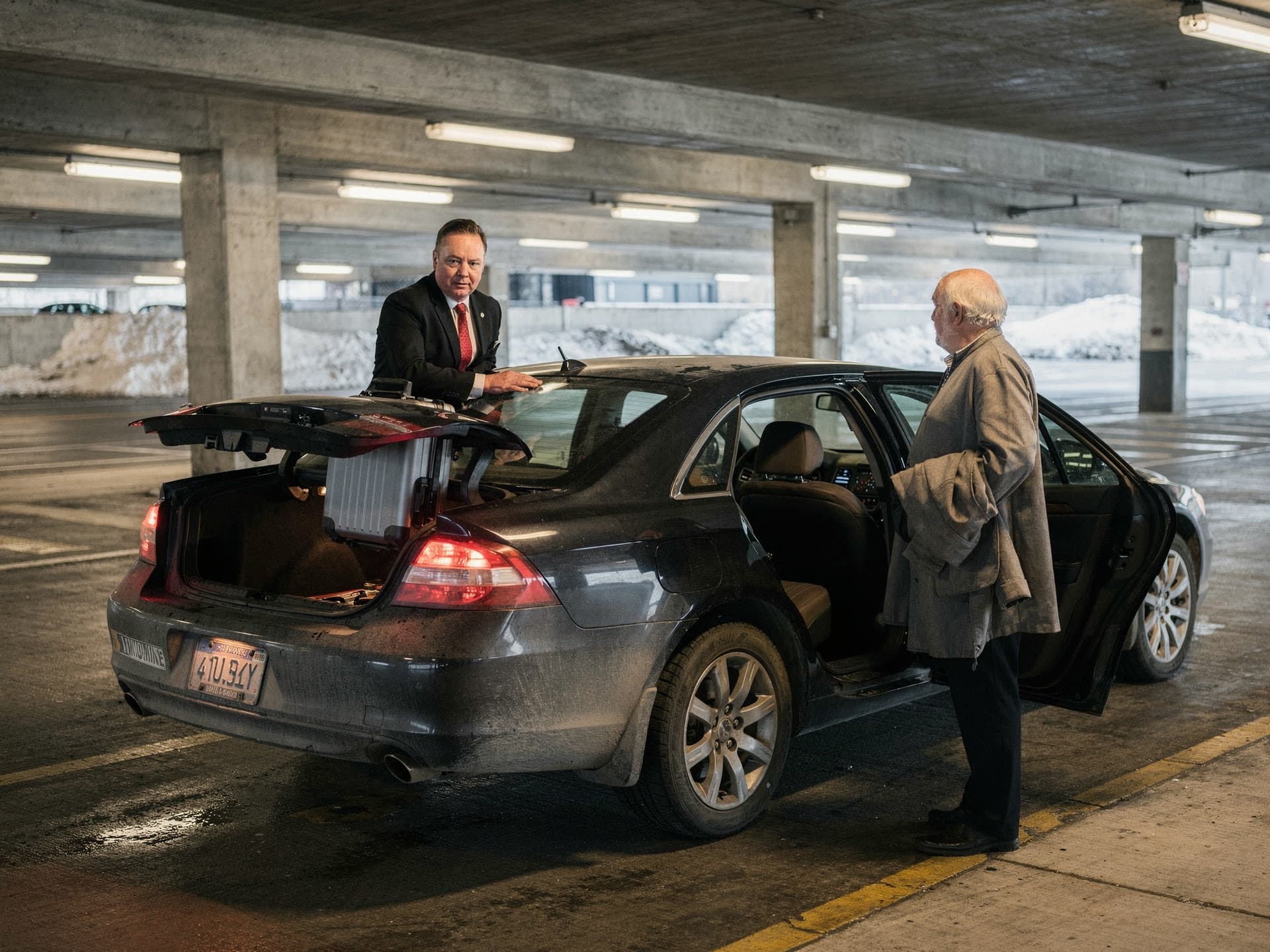 A chauffeur lifting a suitcase into an open trunk at the Logan arrivals kerb while an older traveller waits beside the open rear door.