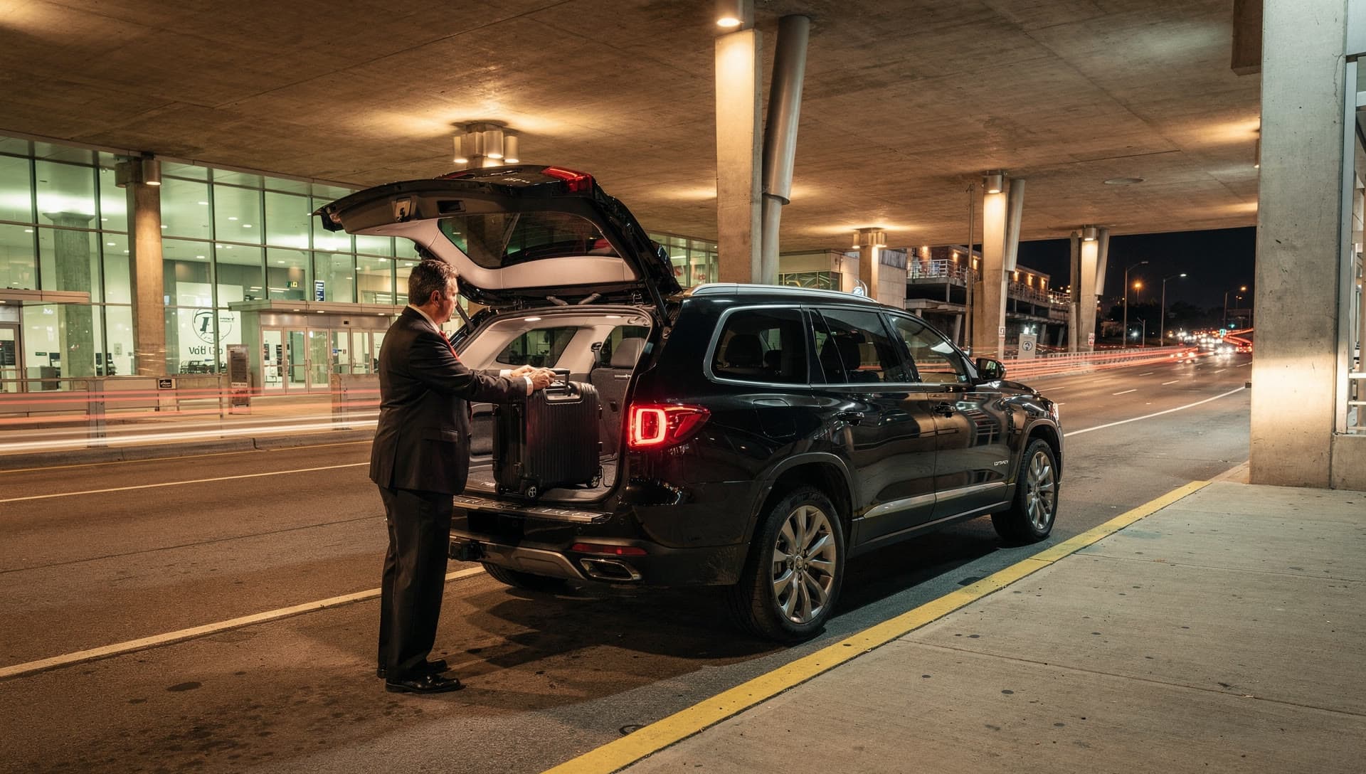 A black SUV at the Logan Airport departures kerb at half past four in the morning under sodium light, a chauffeur at the open tailgate, traffic tail lights beyond.