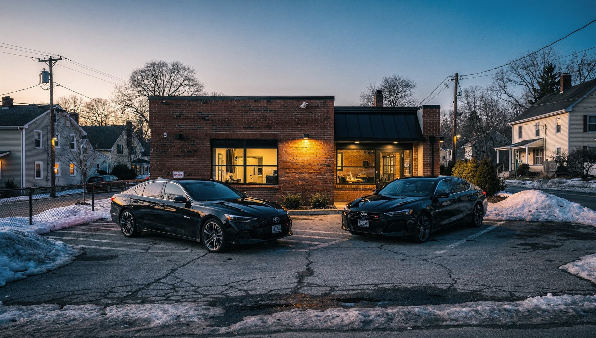 Two black vehicles staged on a small private lot at dusk, one office window lit, house rooflines behind