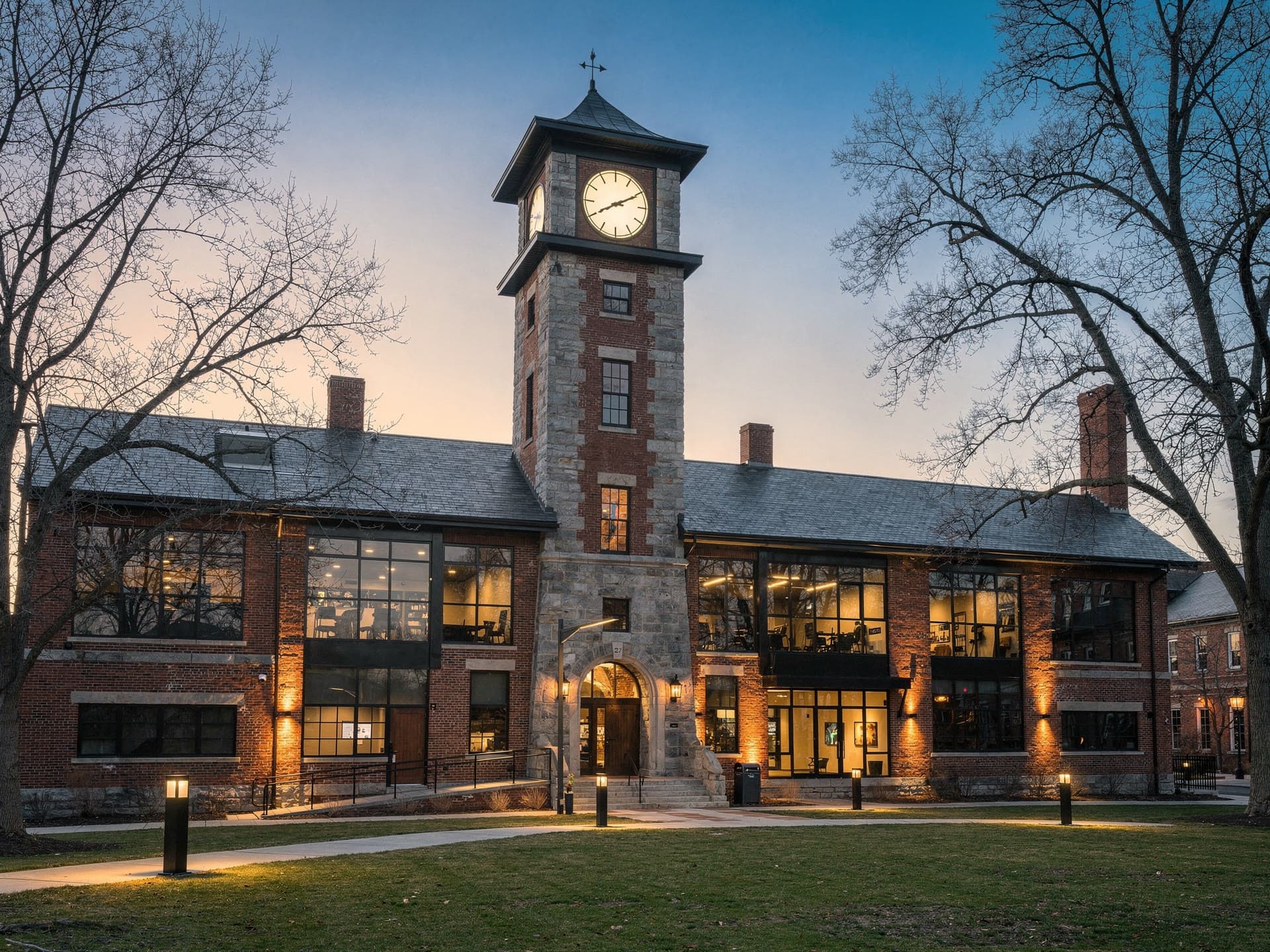 The Searles tower and Methuen's civic frontage against a fading sky, seen wide from a low angle.