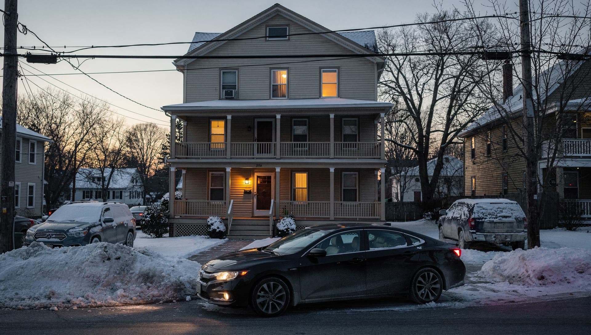 A black sedan waiting at the curb outside a Methuen triple decker before dawn, porch light on and frost on the parked cars.