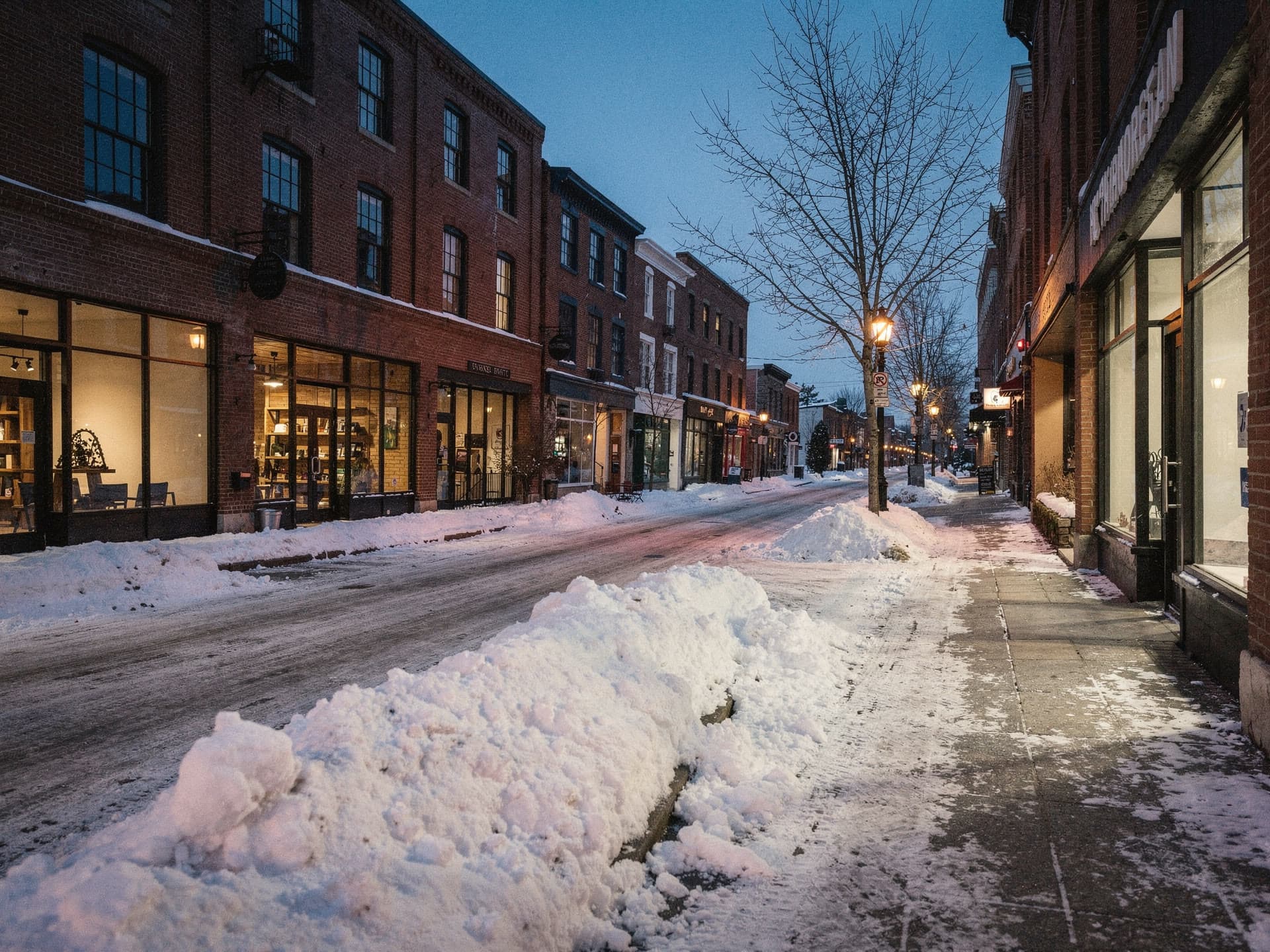 Downtown Nashua brick storefronts with snow banked at the curb.