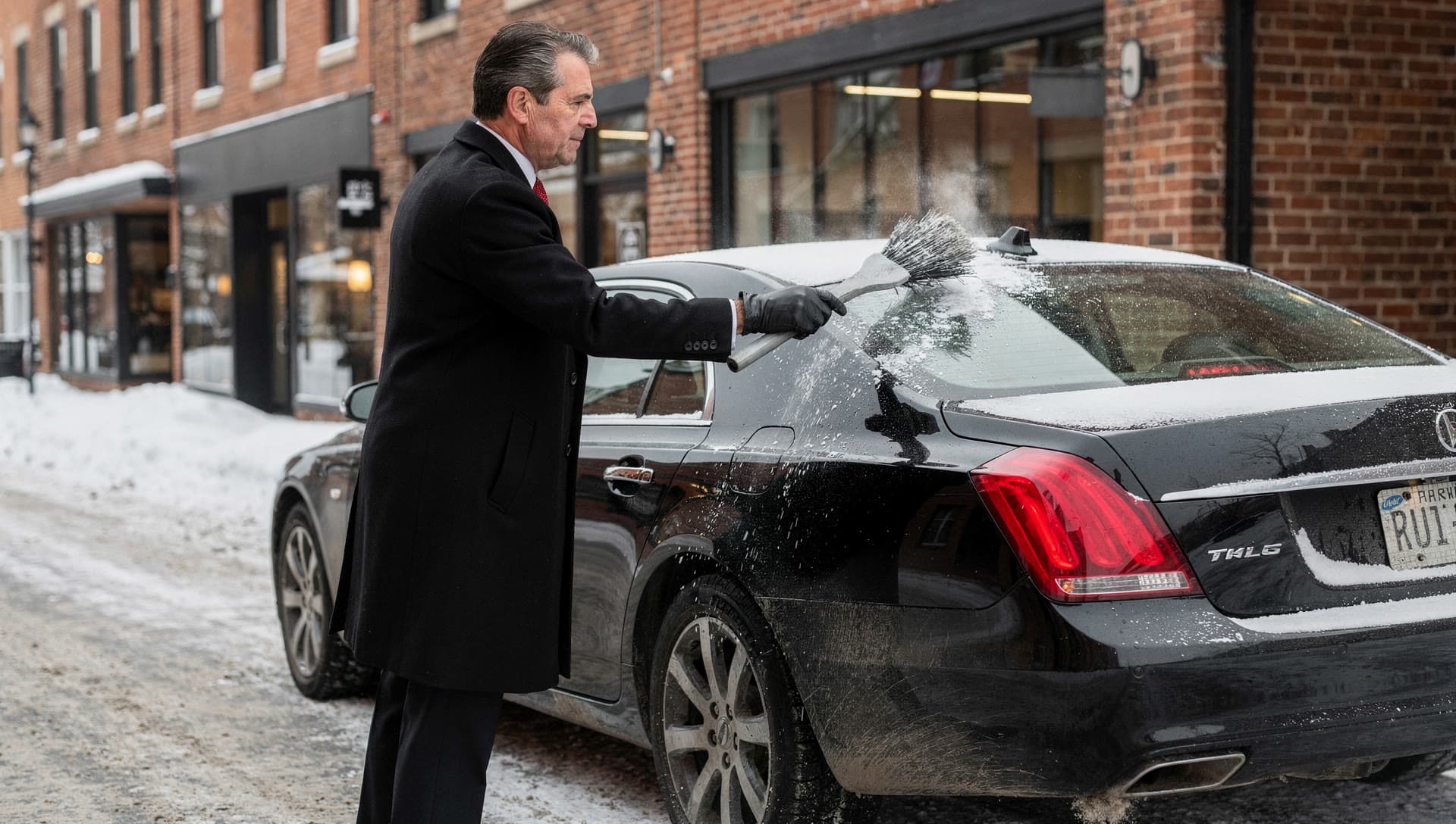 A chauffeur in an overcoat brushing snow off a rear window on a downtown Nashua street on a winter morning, his breath visible.