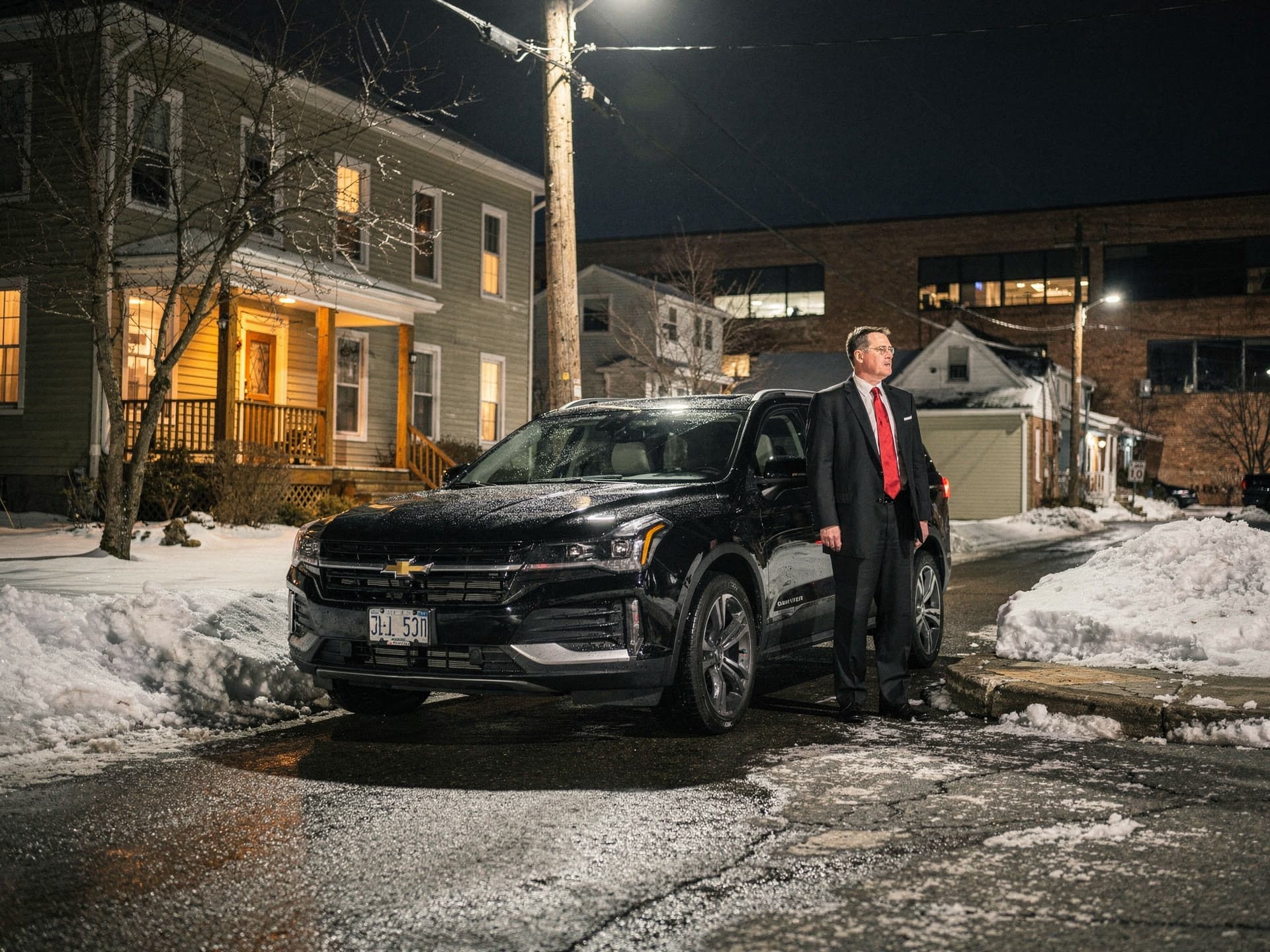 A chauffeur in a black suit, white shirt and red tie standing beside the driver's door of a black SUV under a streetlight on a Methuen street, hands at his sides, waiting.