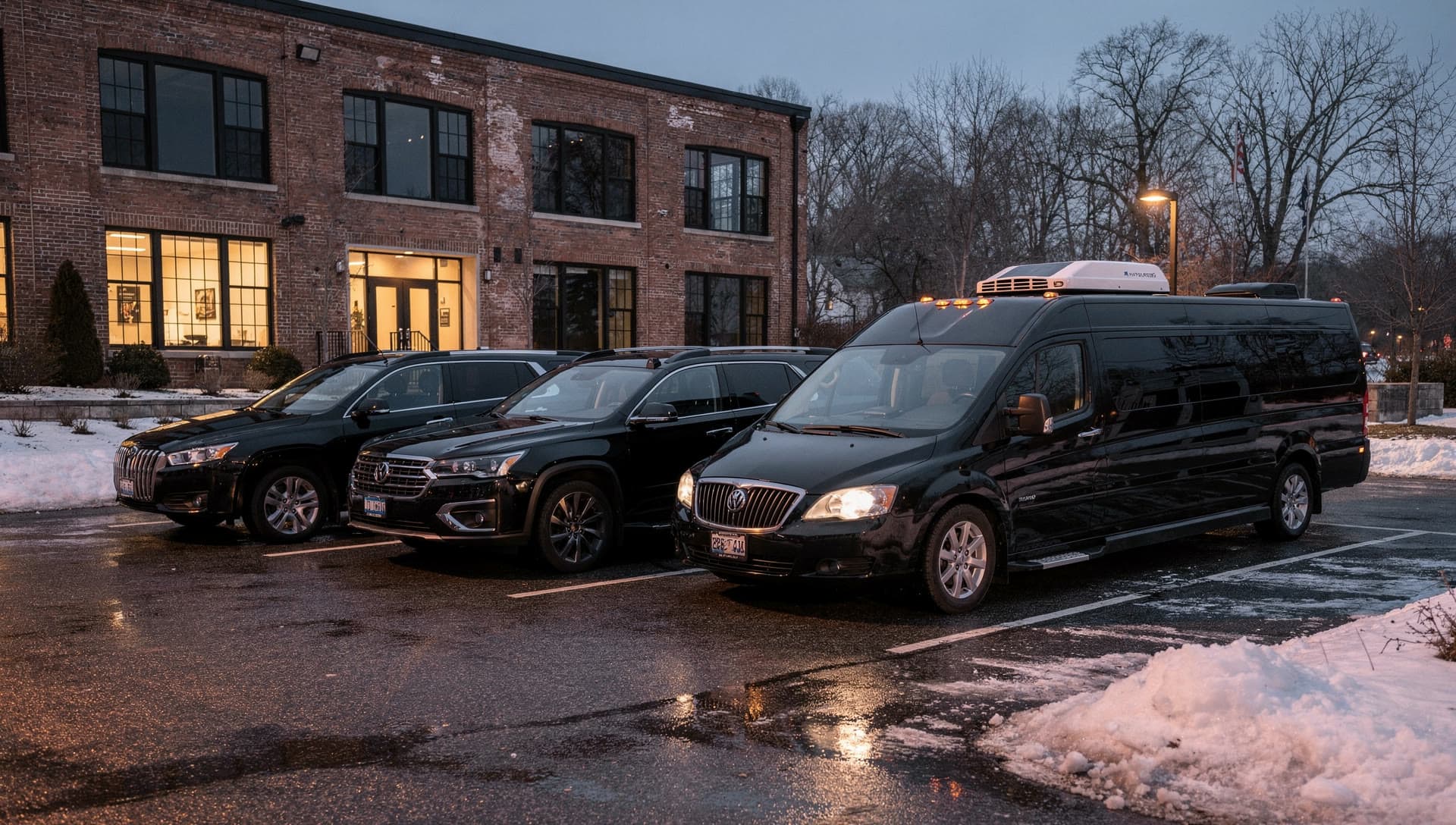 A row of black vehicles standing on a lit Methuen lot at dusk, sedan through to party bus, with one office window still on.