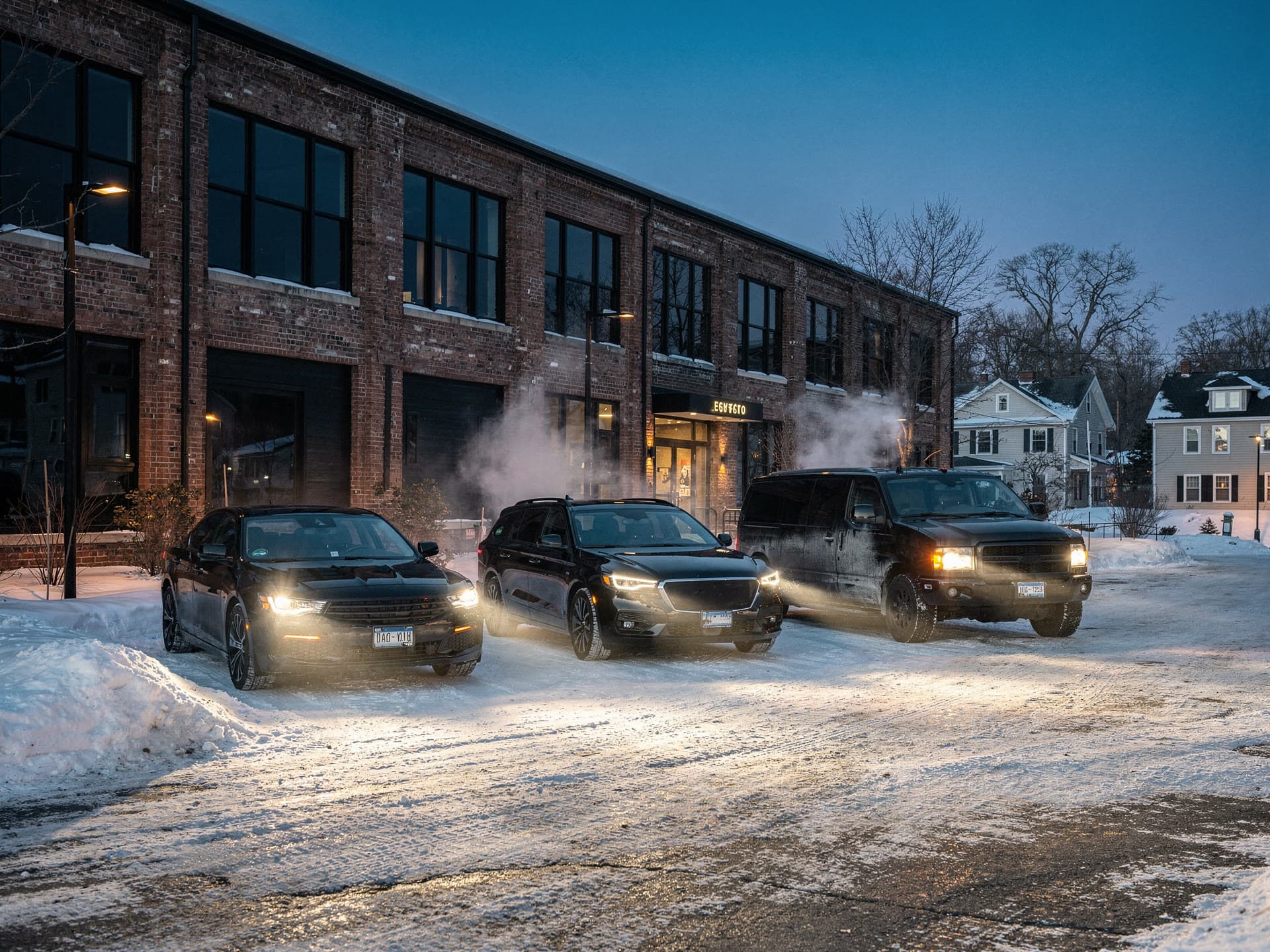 Three black vehicles running in a plowed lot behind a brick building before sunrise, exhaust visible in the cold, headlights on