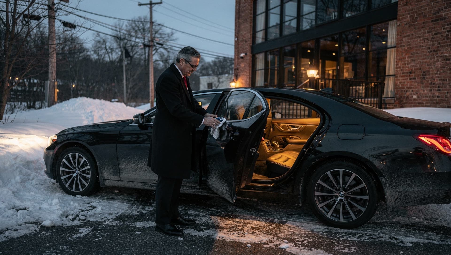 A chauffeur wiping down a rear door handle in the dark before a pre dawn run, breath visible in the cold, interior light on