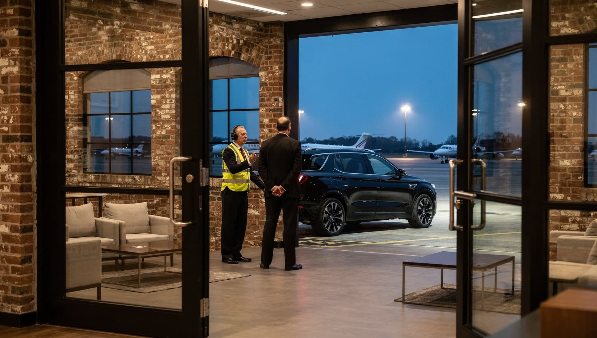 Seen from inside a private terminal lounge through open glass doors, a ground handler in a hi-vis vest and ear defenders talks with a chauffeur in a black suit beside a black SUV parked on the apron at dusk, business jets and ramp floodlights behind them.